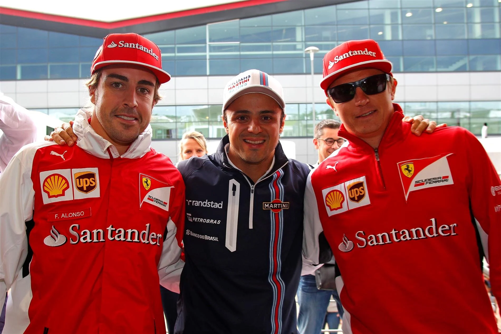 Felipe Massa (BRA) Williams celebrates 200 GP starts with Fernando Alonso (ESP) Ferrari and Kimi Raikkonen (FIN) Ferrari. Formula One World Championship, Rd9, British Grand Prix, Qualifying, Silverstone, England, Saturday, 5 July 2014 © Sutton Images. No reproduction without permission