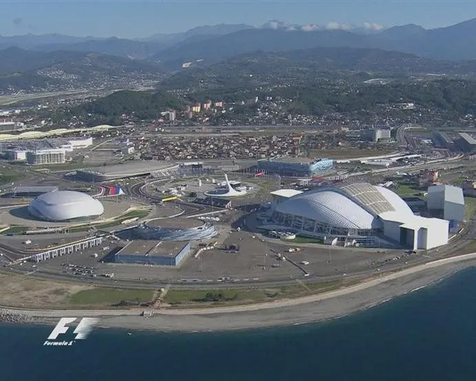 Bright sunshine and blue skies above the Olympic park, minutes before the start of the first Formula One practice session at Sochi Autodrom © FOWC Ltd