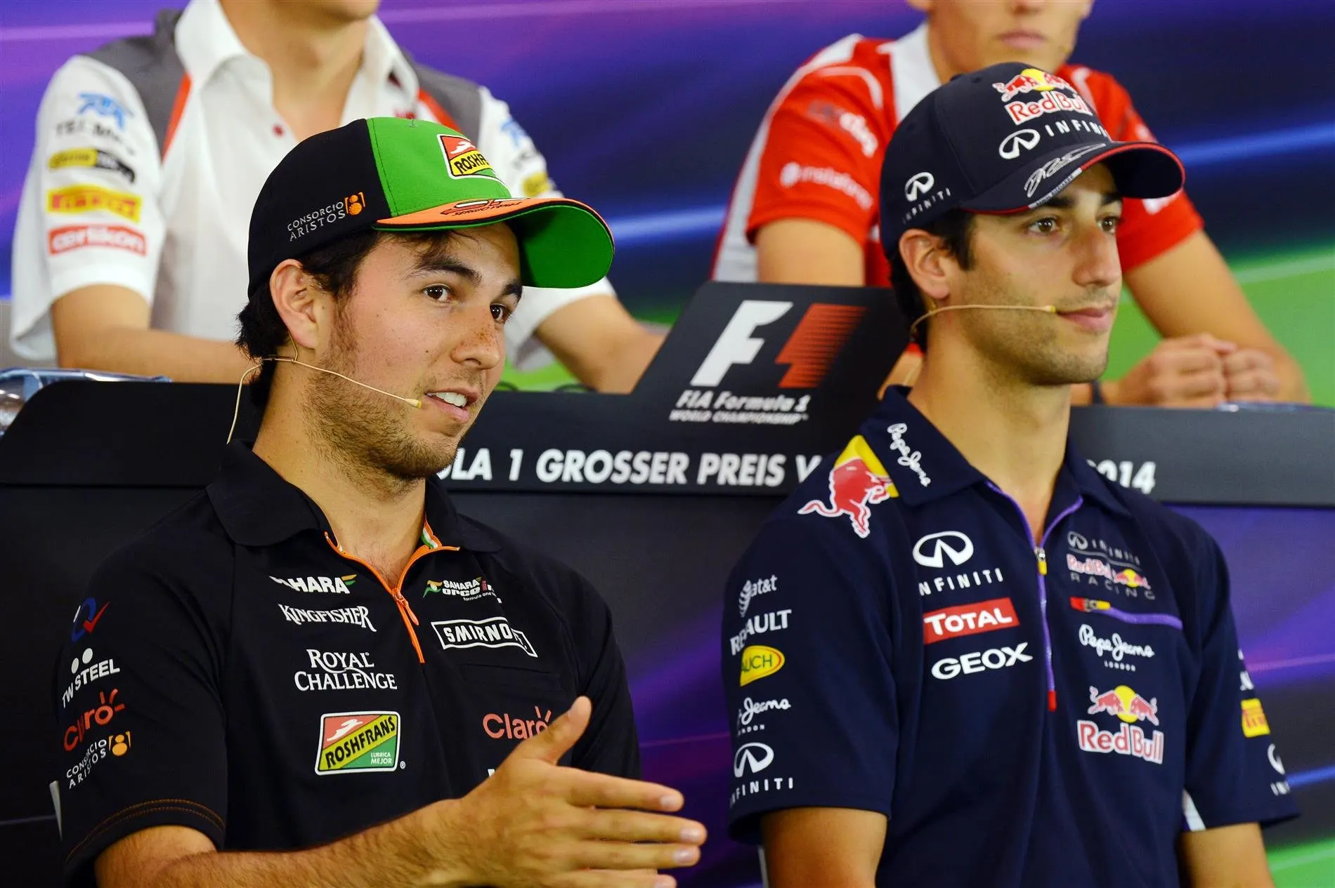 (L to R): Sergio Perez (MEX) Force India and Daniel Ricciardo (AUS) Red Bull Racing in the Press Conference. Formula One World Championship, Rd8, Austrian Grand Prix, Preparations, Spielberg, Austria, Thursday, 19 June 2014. © Sutton Images