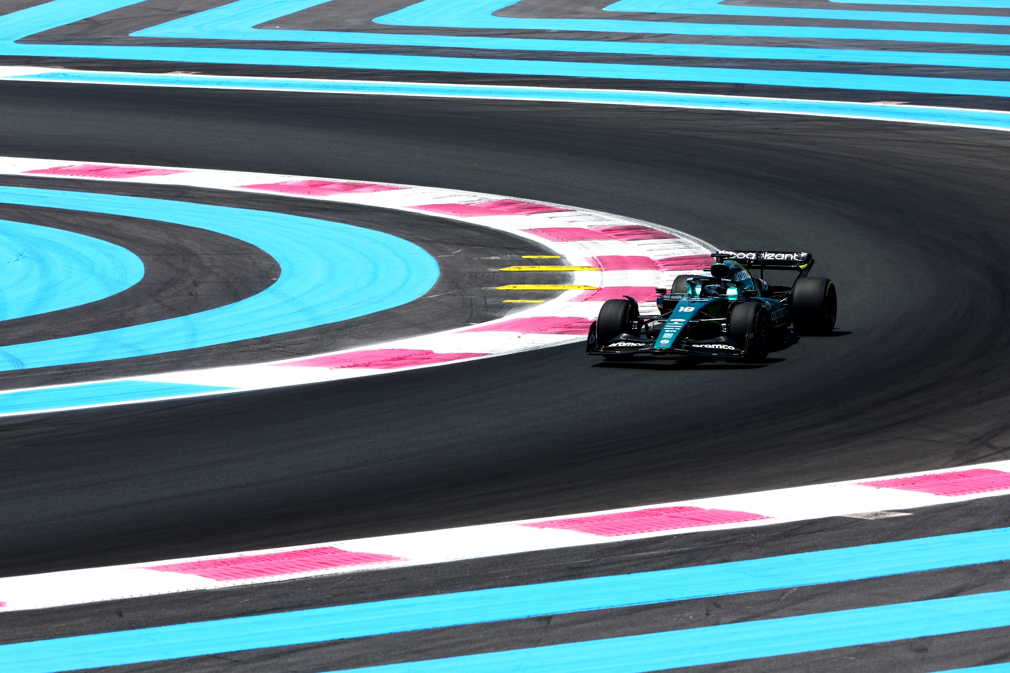 LE CASTELLET, FRANCE - JULY 23: Lance Stroll of Canada driving the (18) Aston Martin AMR22 Mercedes on track during final practice ahead of the F1 Grand Prix of France at Circuit Paul Ricard on July 23, 2022 in Le Castellet, France. (Photo by Mark Thompson/Getty Images)