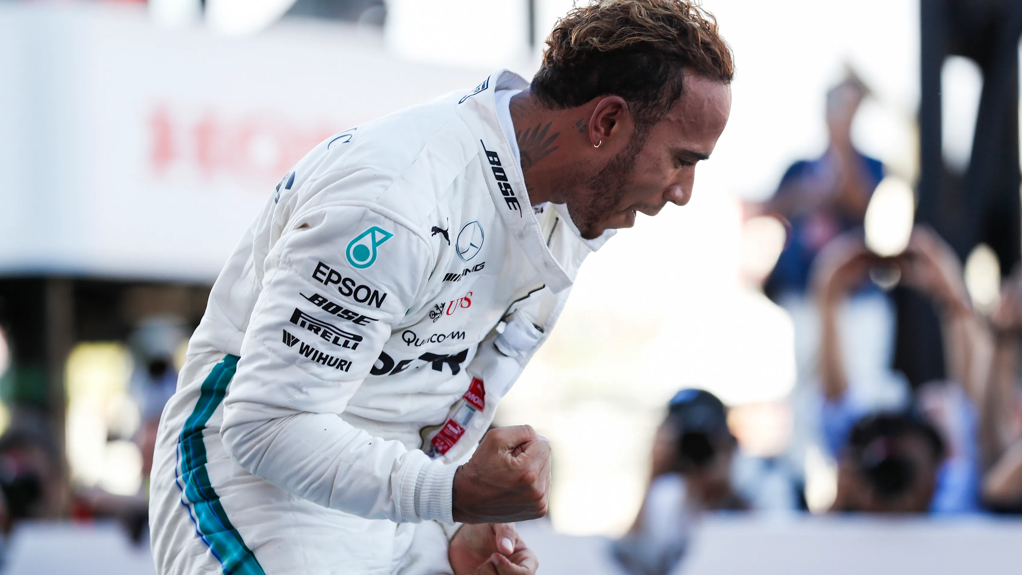 SUZUKA, JAPAN - OCTOBER 07: Lewis Hamilton, Mercedes AMG F1, 1st position, celebrates in Parc ferme
