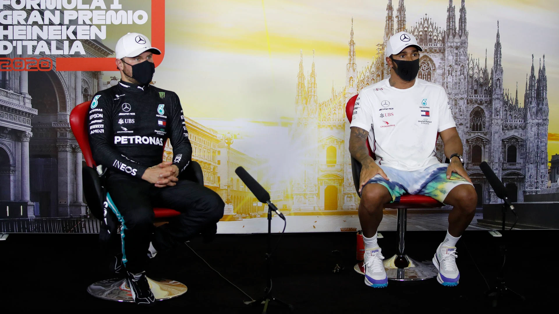 HAMILTON Lewis (gbr), Mercedes AMG F1 GP W11 Hybrid EQ Power+, portrait on pole position during the press conference with BOTTAS Valtteri (fin) during the Formula 1 Gran Premio Heineken D’italia 2020, 2020 Italian Grand Prix, from September 4 to 6, 2020 on the Autodromo Nazionale di Monza, in Monza, near Milano, Italy - Photo Florent Gooden / DPPI  
