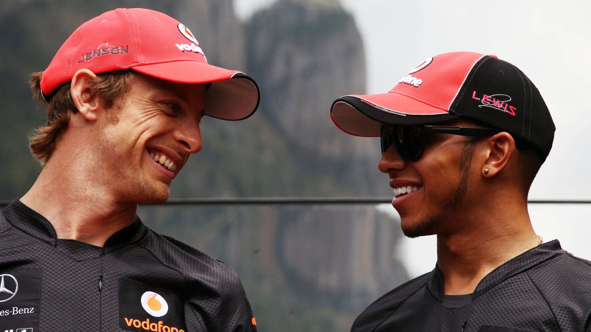 (L to R): Jenson Button (GBR) McLaren and team mate Lewis Hamilton (GBR) McLaren.
Formula One