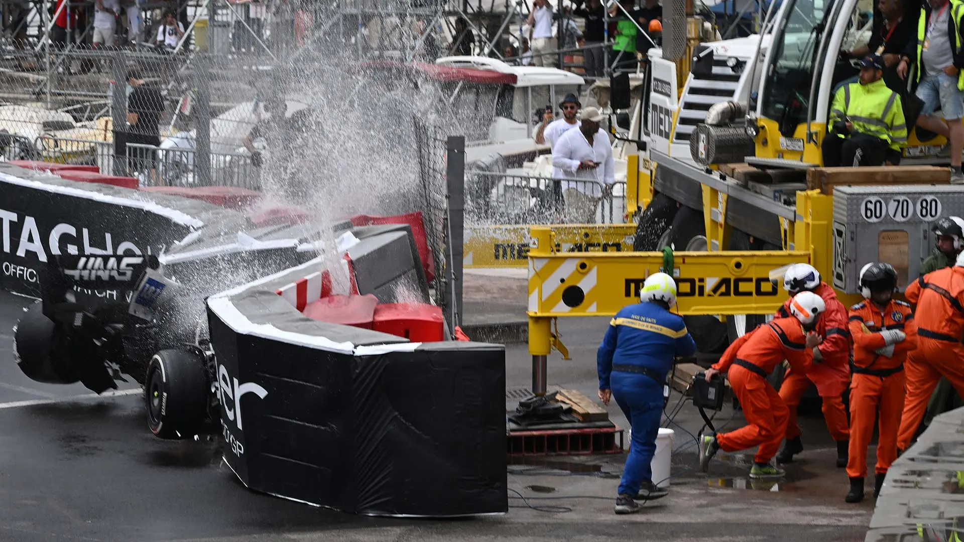 Haas F1 Team's German driver Mick Schumacher crashes during the Monaco Formula 1 Grand Prix at the Monaco street circuit in Monaco, on May 29, 2022. (Photo by CHRISTIAN BRUNA / AFP) (Photo by CHRISTIAN BRUNA/AFP via Getty Images)