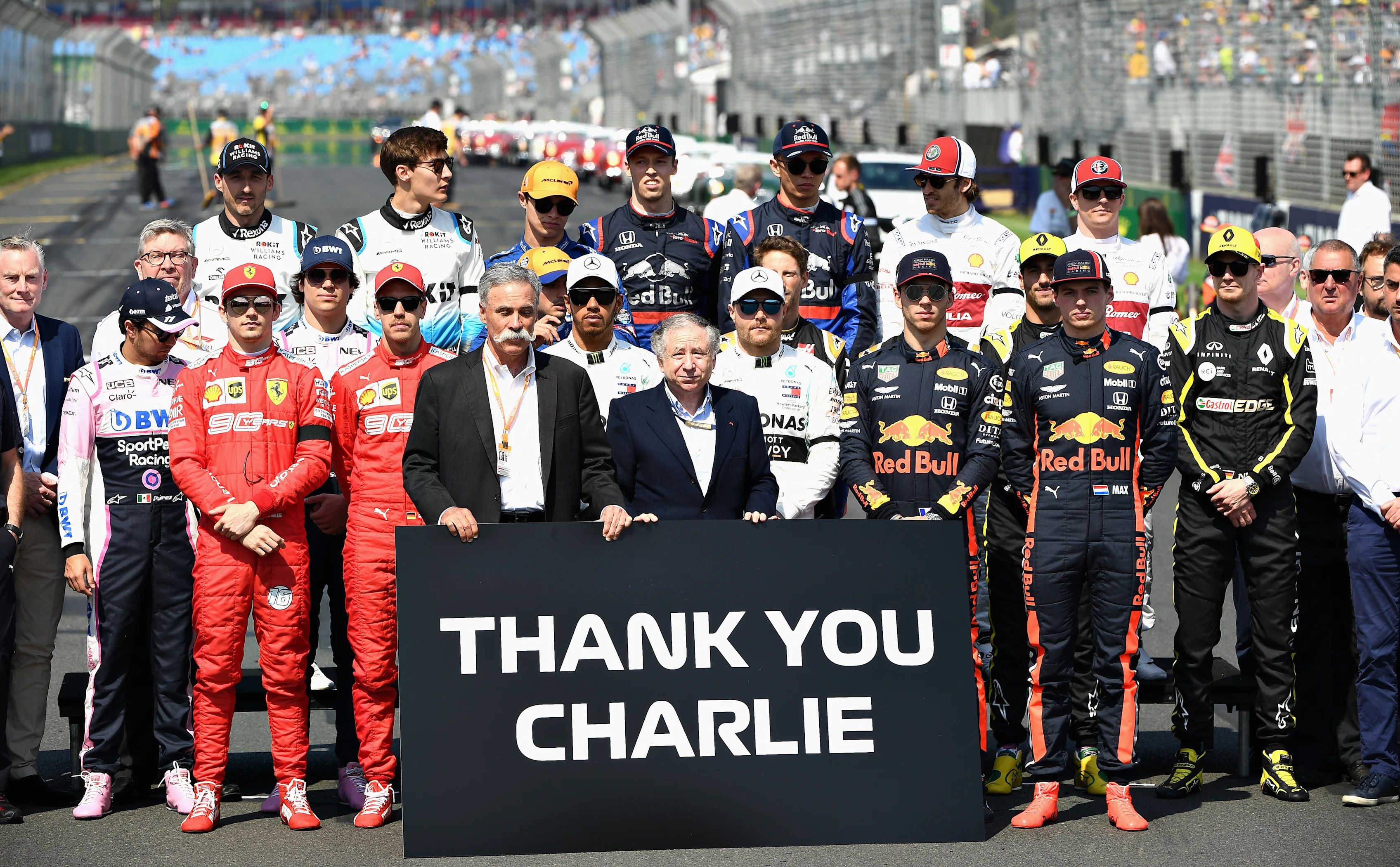MELBOURNE, AUSTRALIA - MARCH 17: The drivers stand for a tribute to the late FIA Race Director,