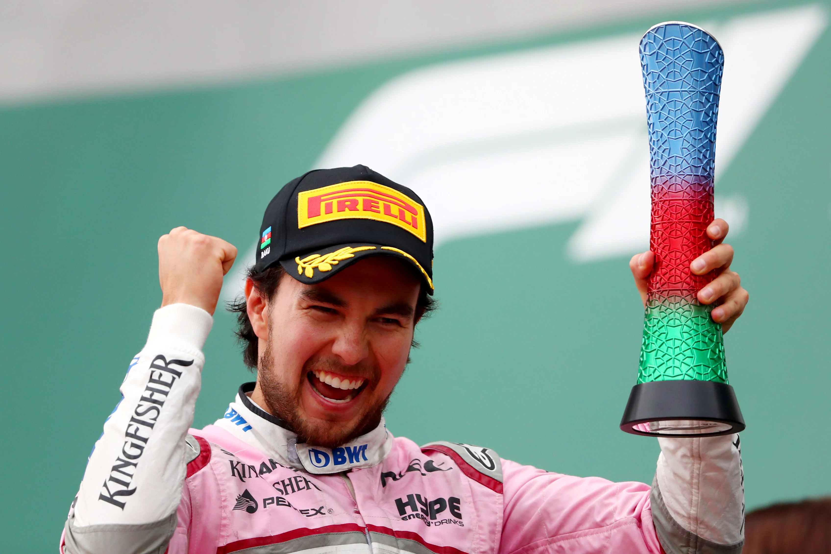 BAKU, AZERBAIJAN - APRIL 29: Third place finisher Sergio Perez of Mexico and Force India