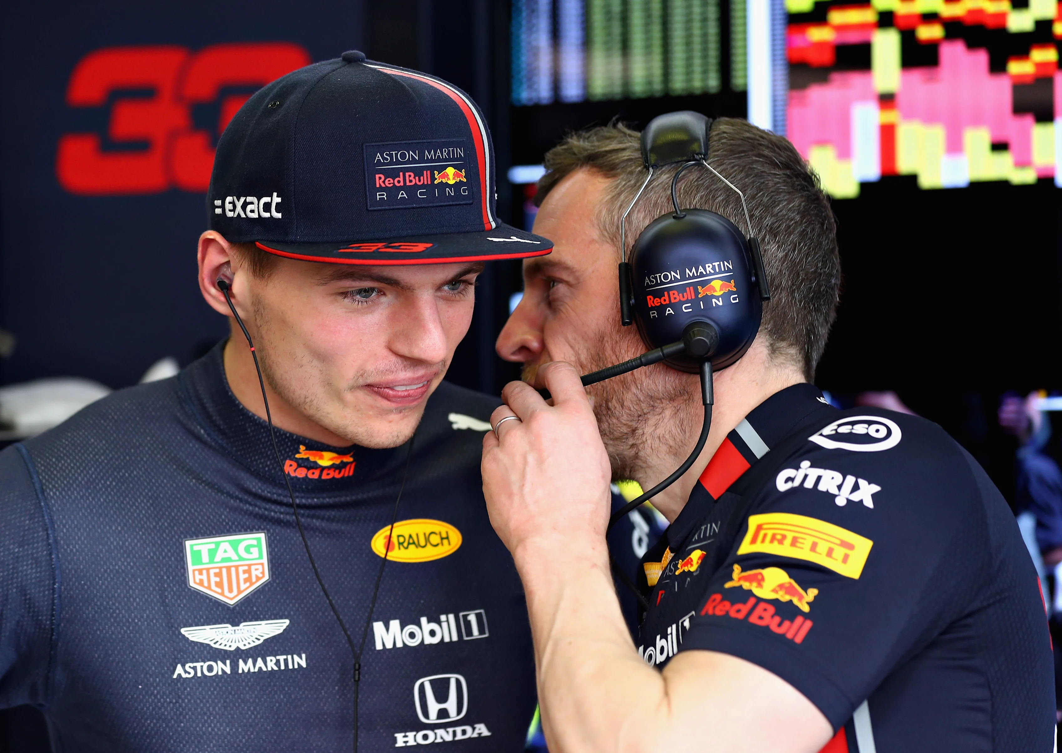 MELBOURNE, AUSTRALIA - MARCH 16: Max Verstappen of Netherlands and Red Bull Racing talks with No1