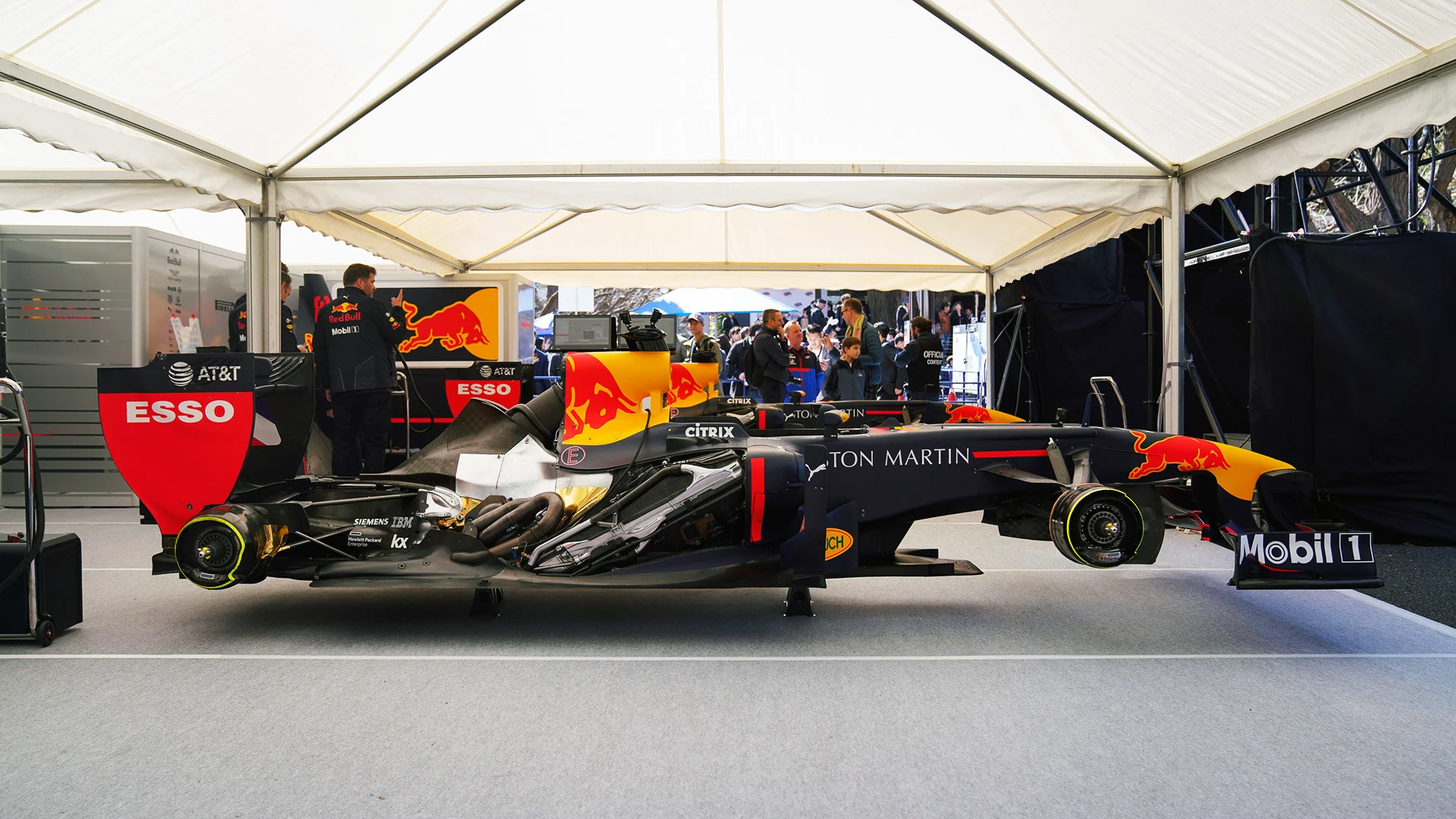TOKYO, JAPAN - MARCH 09: A Red Bull Racing F1 car is seen in the garage during the Aston Martin
