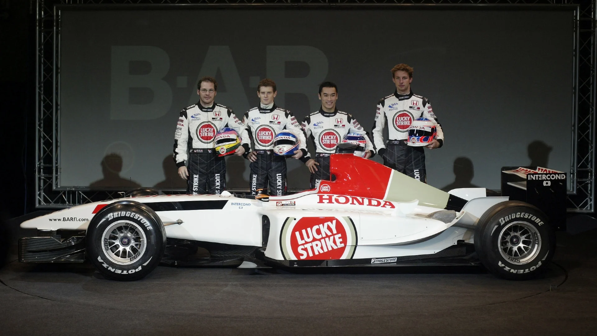 BARCELONA - JANUARY 14: (L-R) Jacques Villeneuve, Anthony Davidson, Takuma Sato and Jenson Button