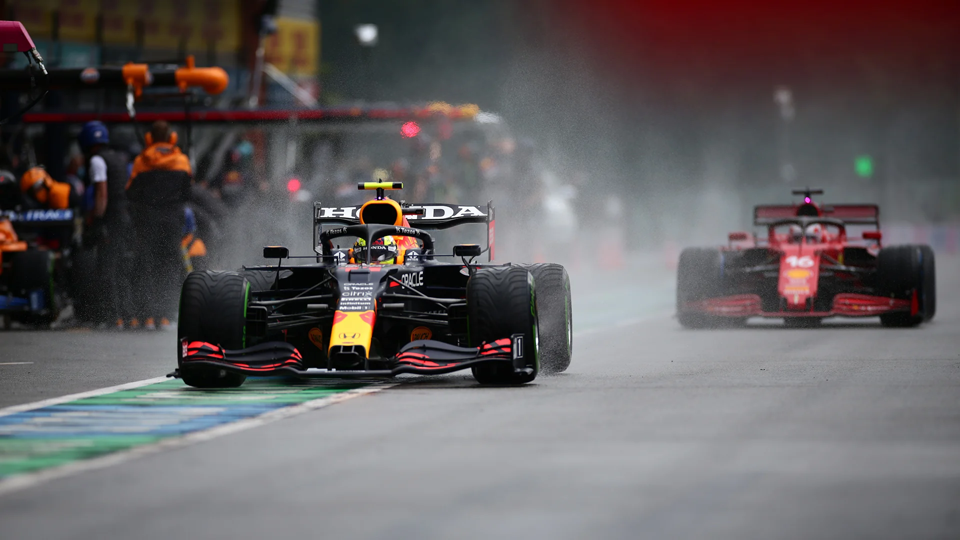 SPA, BELGIUM - AUGUST 28: Sergio Perez of Mexico driving the (11) Red Bull Racing RB16B Honda in