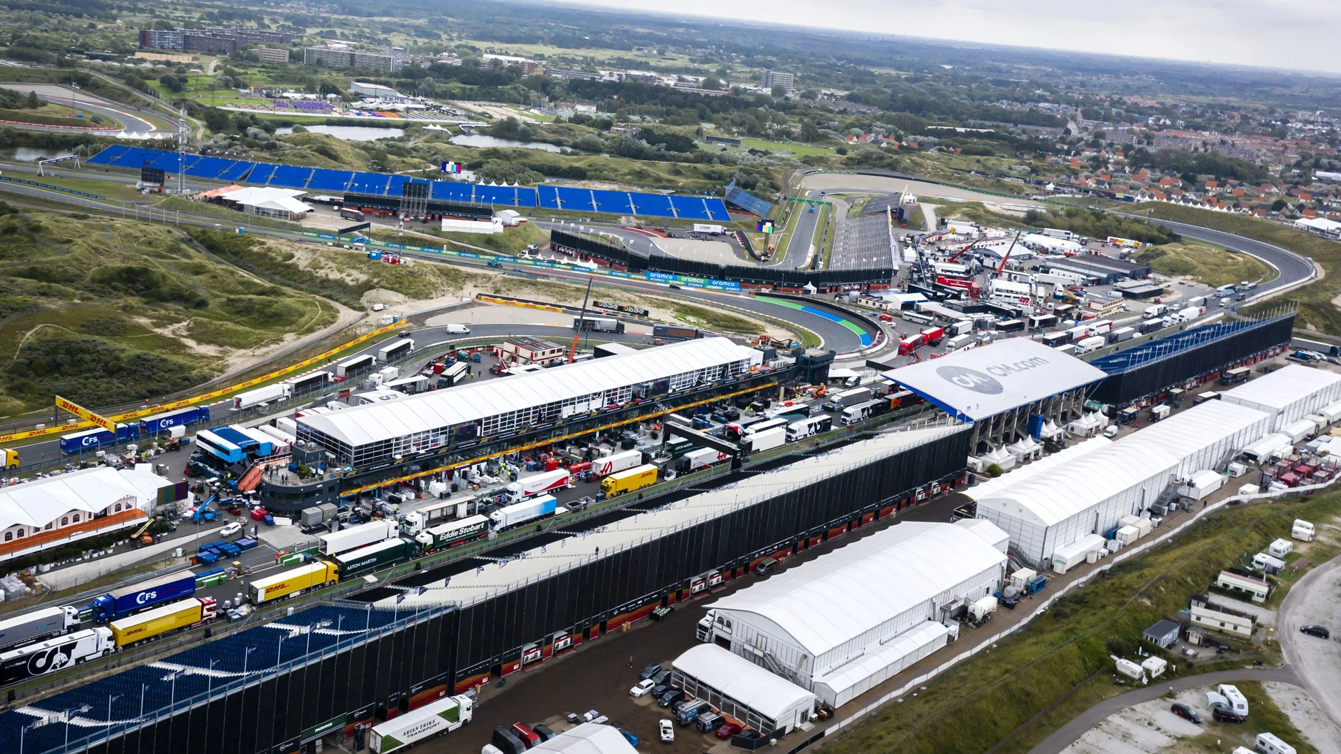 A drone photograph taken on August 31, 2021 shows an aerial view of the different Formula 1 teams