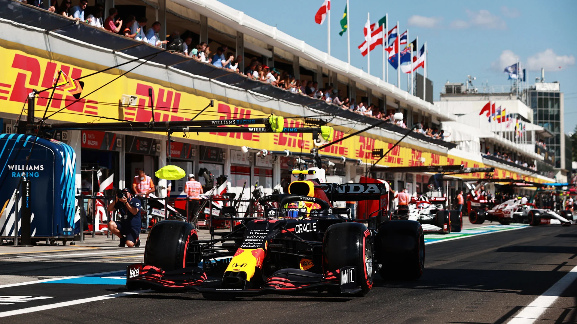 BUDAPEST, HUNGARY - JULY 31: Sergio Perez of Mexico driving the (11) Red Bull Racing RB16B Honda in