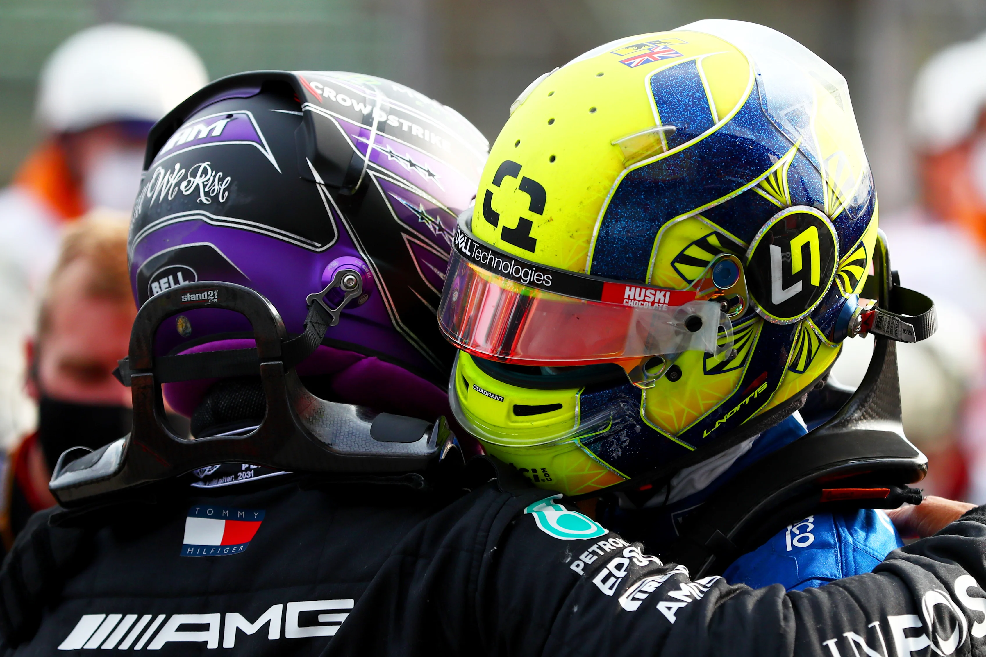 IMOLA, ITALY - APRIL 18: Lewis Hamilton of Great Britain and Mercedes AMG Petronas congratulates