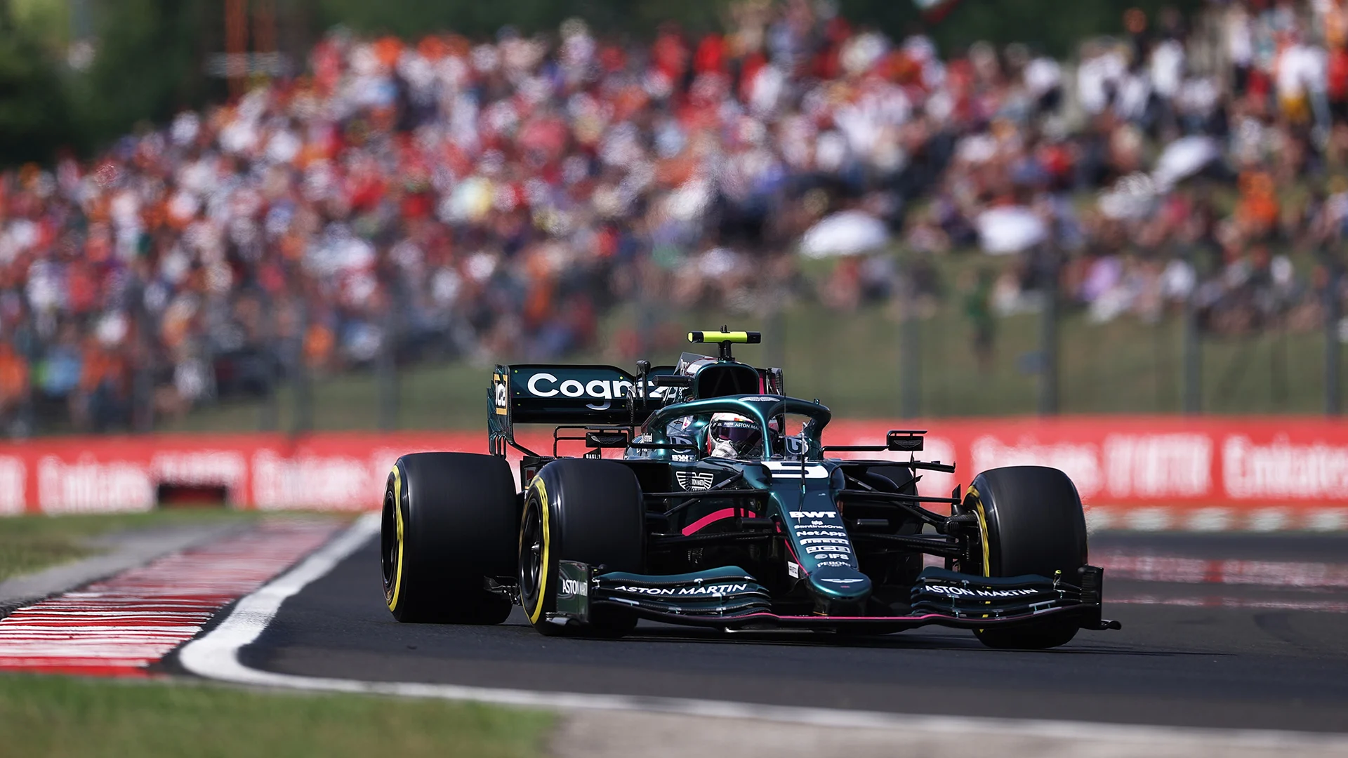 BUDAPEST, HUNGARY - AUGUST 01: Sebastian Vettel of Germany driving the (5) Aston Martin AMR21