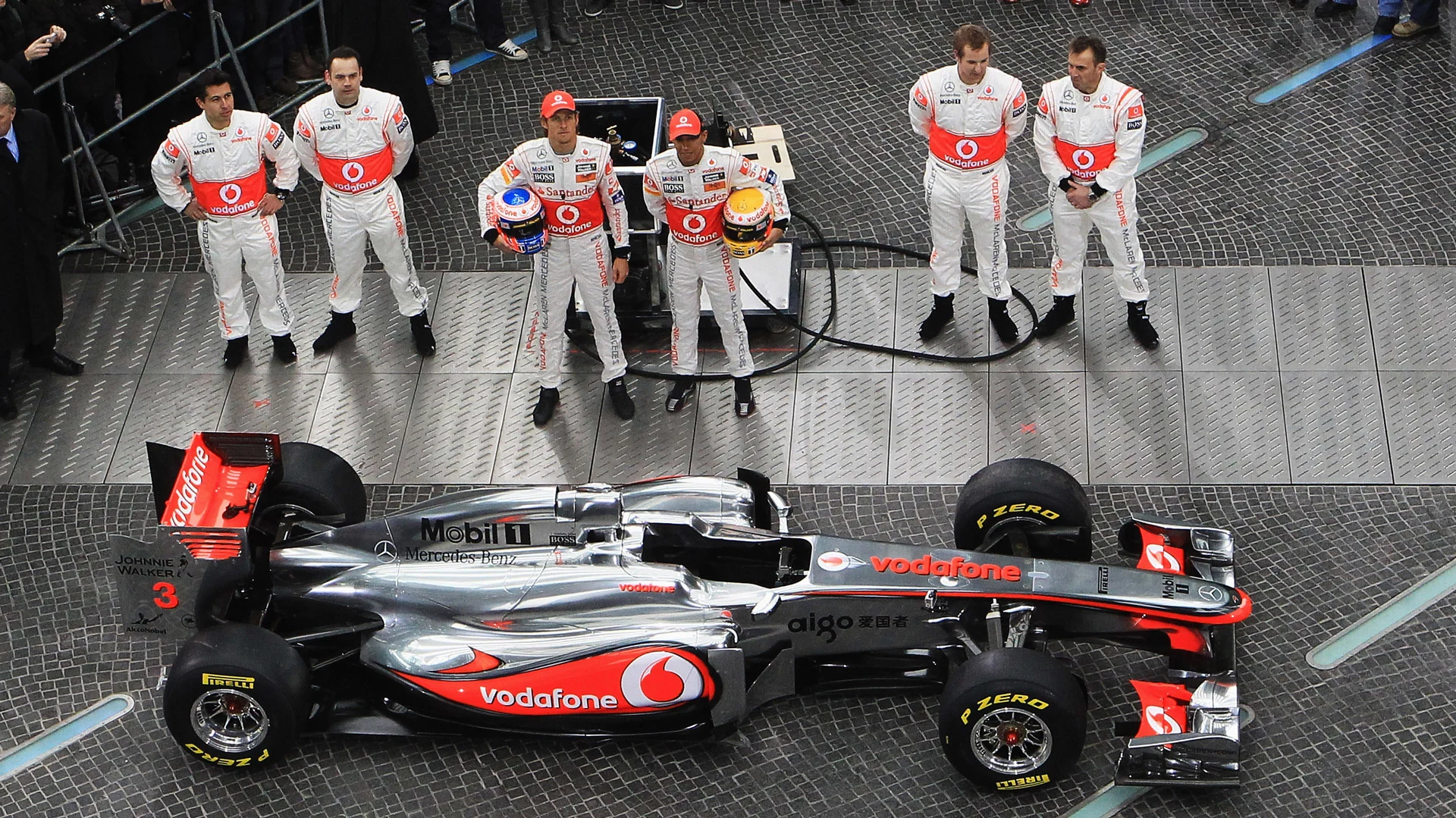 BERLIN, GERMANY - FEBRUARY 04: Lewis Hamilton of England (3rd R) and Jenson Button (4th R) of