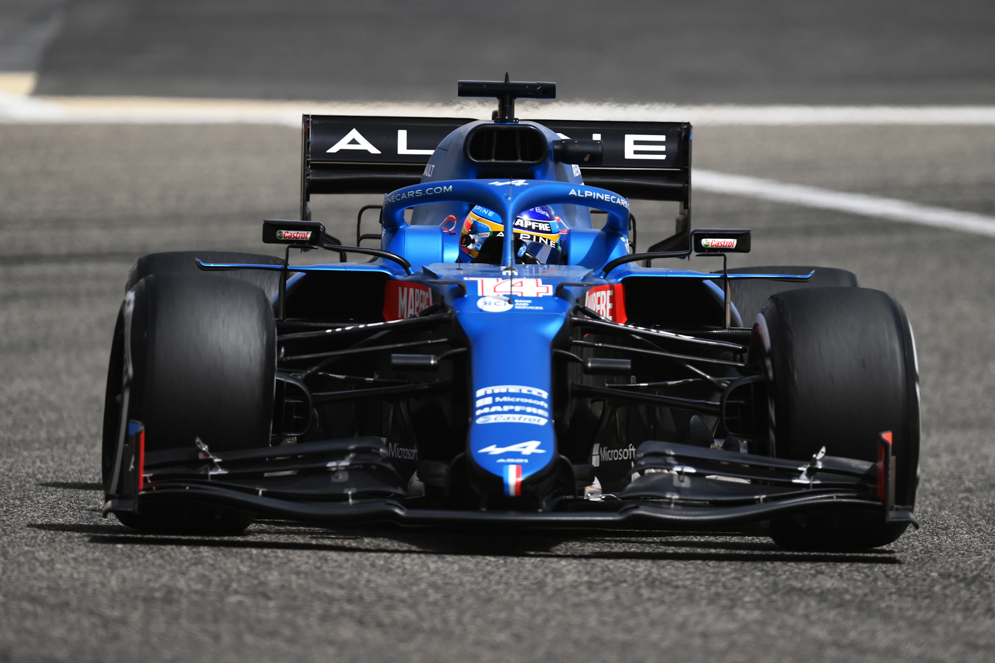 BAHRAIN, BAHRAIN - MARCH 13: Fernando Alonso of Spain driving the (14) Alpine A521 Renault on track