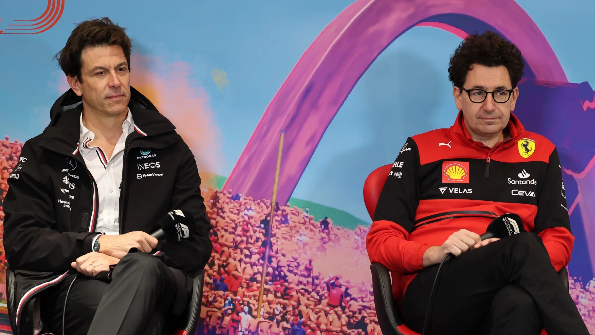 Mercedes team principal Toto Wolff and Ferrari team principal Mattia Binotto during a press conference ahead of the Formula 1 Austrian Grand Prix at Red Bull Ring in Spielberg, Austria on July 9, 2022. (Photo by Jakub Porzycki/NurPhoto via Getty Images)