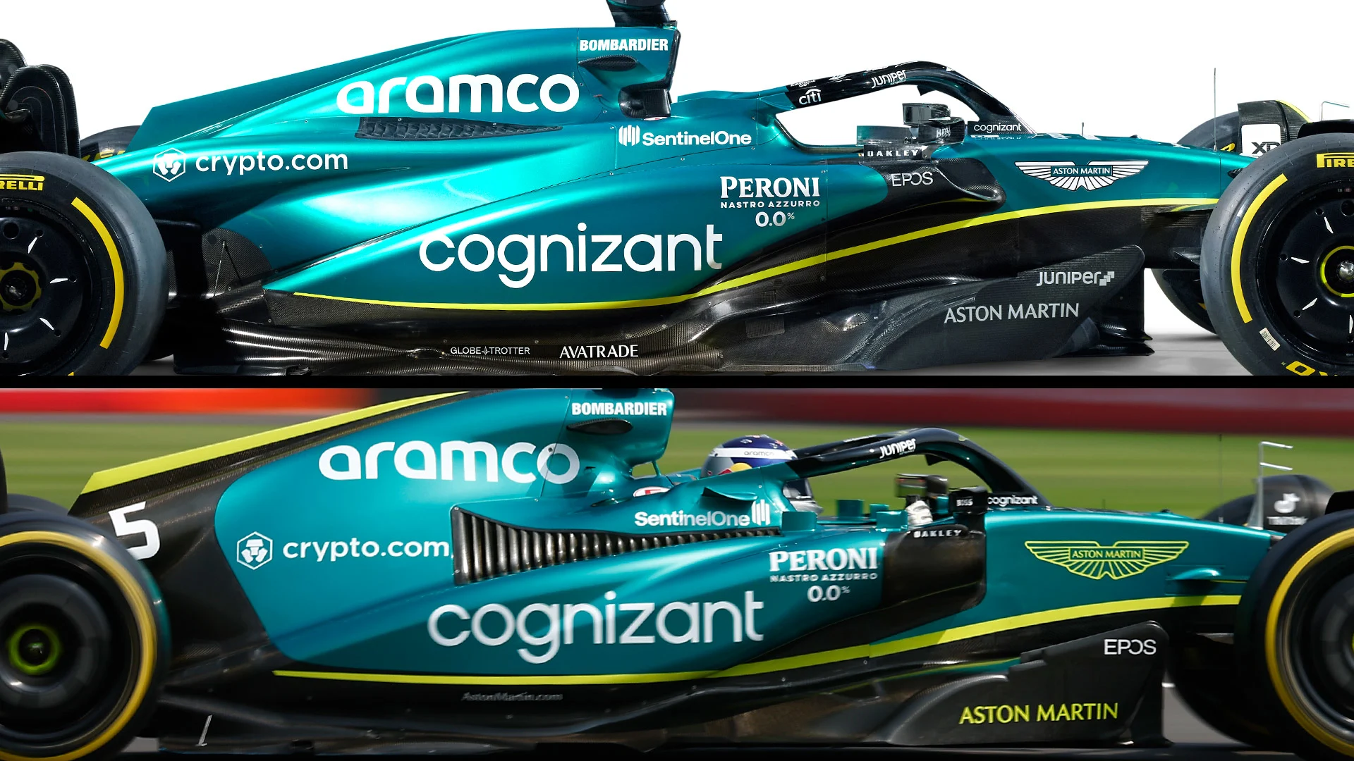 AMR22 (bottom) in its post-Spain form. Contrast the front of the sidepod with the much more svelte version on the new AMR23 (top).