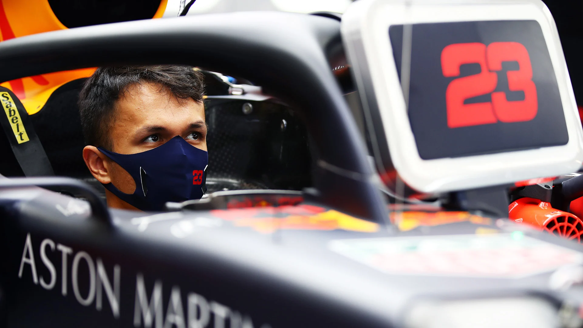 BARCELONA, SPAIN - AUGUST 16: Alexander Albon of Thailand and Red Bull Racing sits in his car in