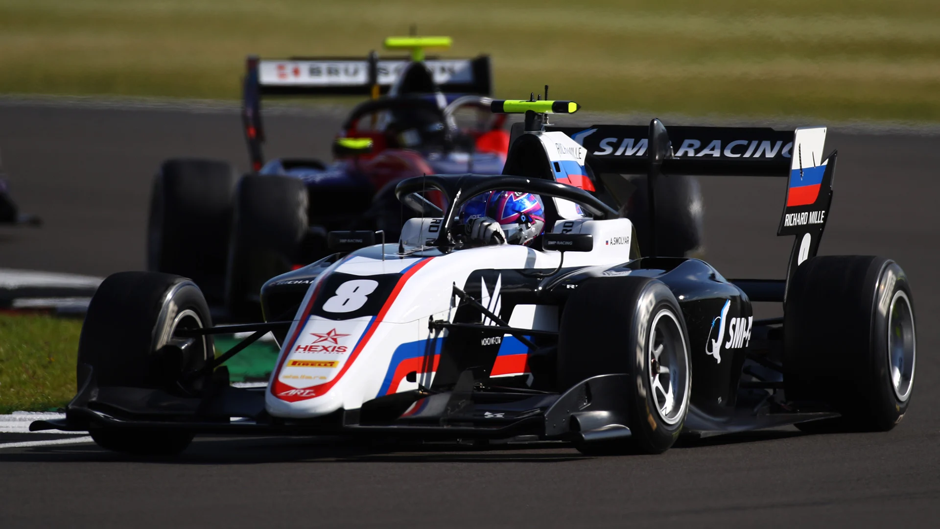 NORTHAMPTON, ENGLAND - AUGUST 02: Aleksandr Smolyar of Russia and ART Grand Prix (8) leads David