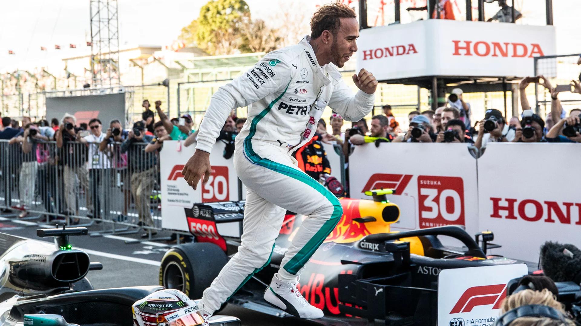 SUZUKA, JAPAN - OCTOBER 07: Lewis Hamilton, Mercedes AMG F1 celebrates in parc ferme during the