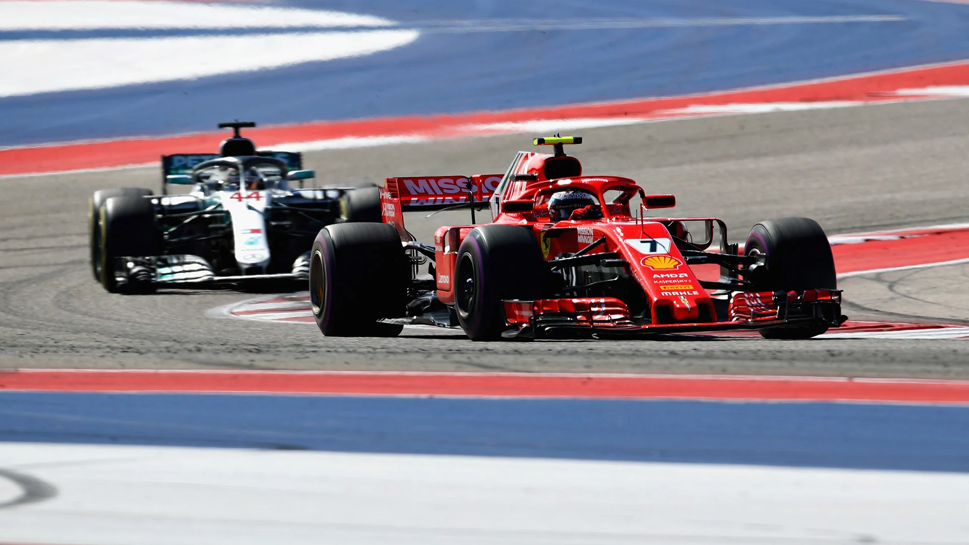 AUSTIN, TX - OCTOBER 21: Kimi Raikkonen of Finland driving the (7) Scuderia Ferrari SF71H leads