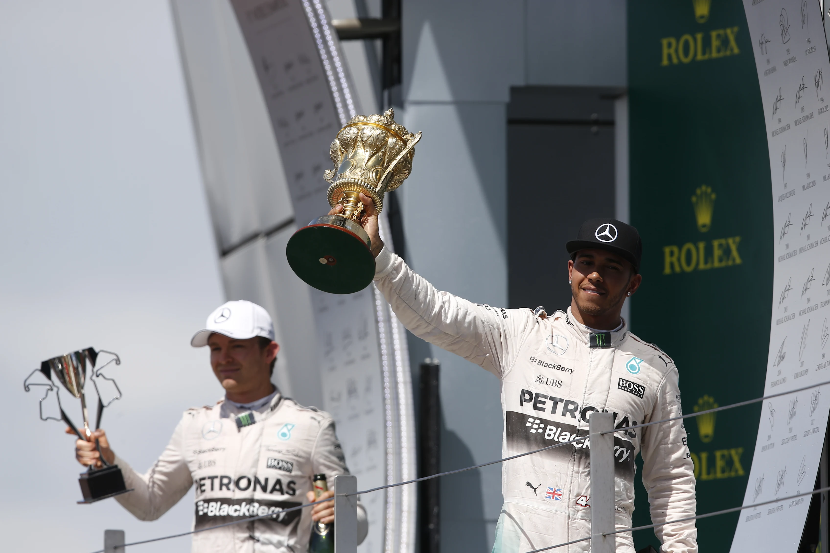 NORTHAMPTON, ENGLAND - JULY 05: Lewis Hamilton of Great Britain and Mercedes GP celebrates on the