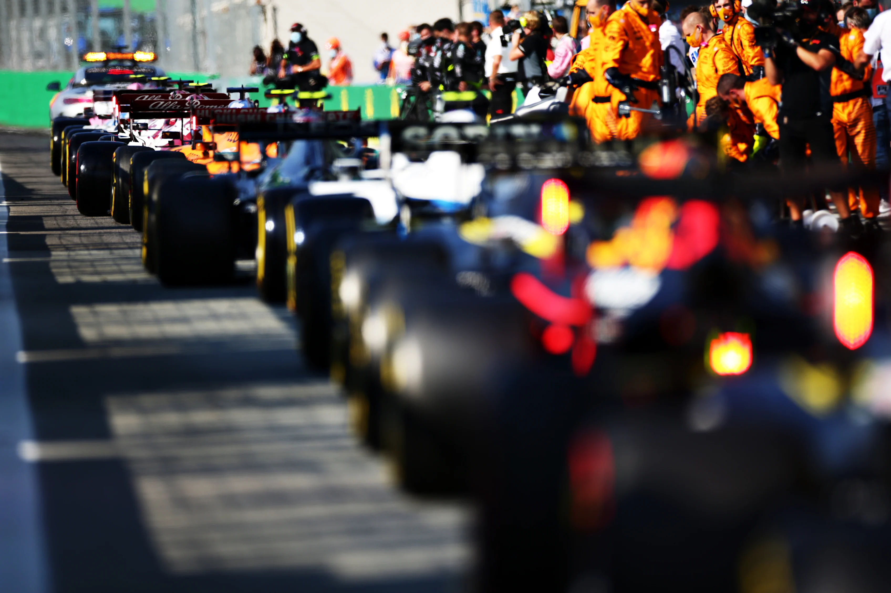 MONZA, ITALY - SEPTEMBER 06: Cars line up in the Pitlane before the restart during the F1 Grand