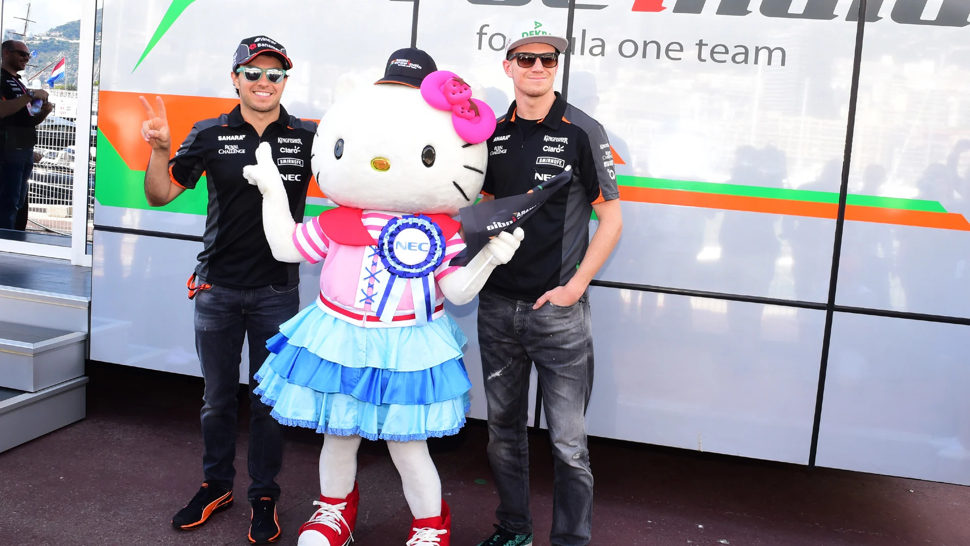 www.sutton-images.com Hello kitty with the Sergio Perez (MEX) Force India and Nico Hulkenberg