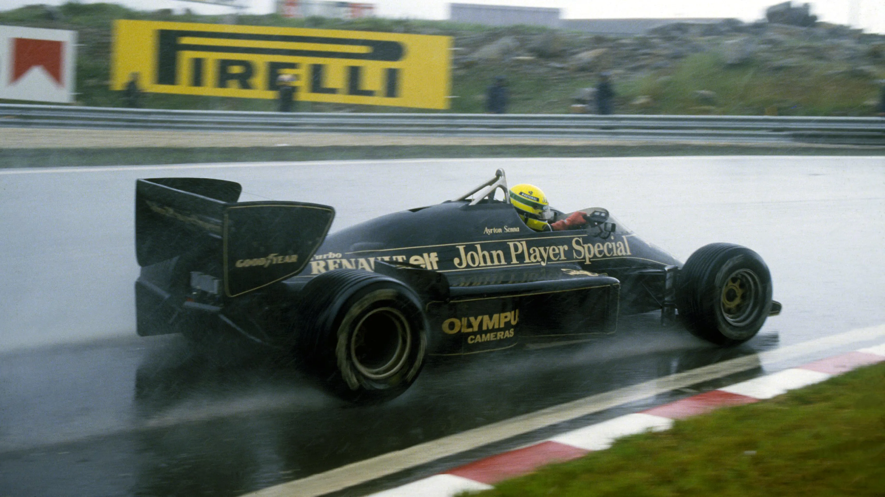 Ayrton Senna (BRA) Lotus 97T dominated the race in appalling conditions to claim his first Grand Prix victory. 
Portuguese Grand Prix, Estoril, 21 April 1985.
 © Sutton Motorsport Images