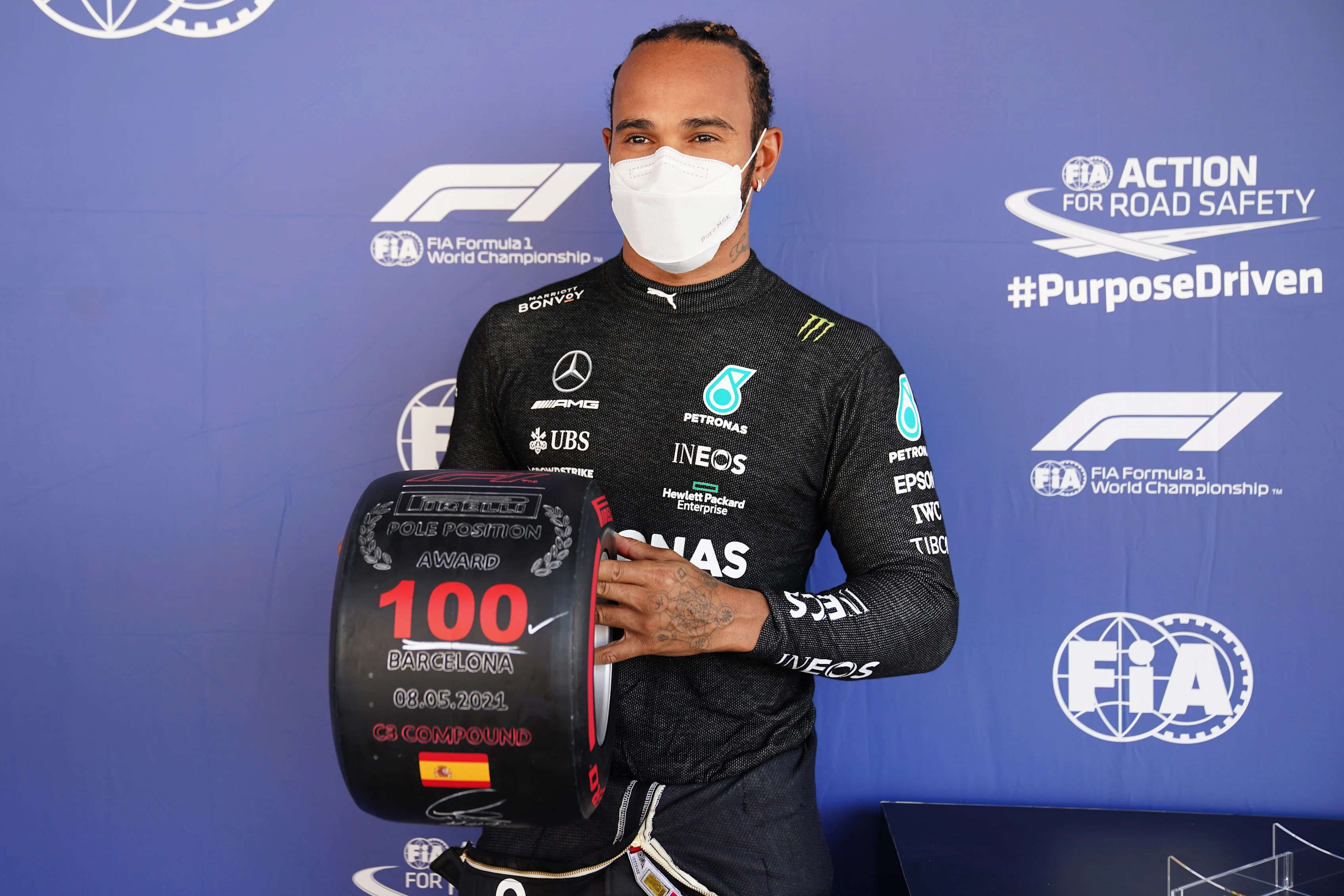 BARCELONA, SPAIN - MAY 08: Pole position qualifier Lewis Hamilton of Great Britain and Mercedes GP