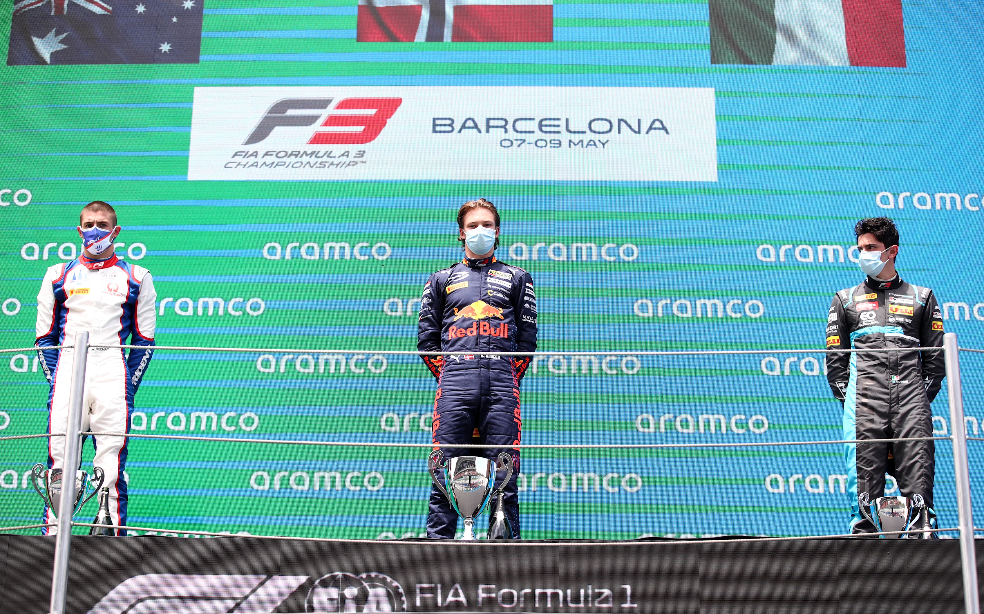BARCELONA, SPAIN - MAY 09: Race winner Dennis Hauger of Norway and Prema Racing, second placed Jack