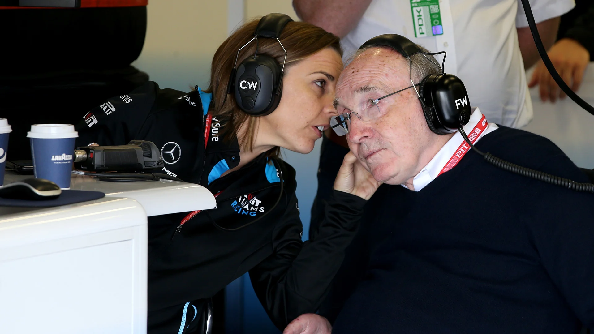 NORTHAMPTON, ENGLAND - JULY 12: Sir Frank Williams and Williams Deputy Team Principal Claire Williams talk in the garage during practice for the F1 Grand Prix of Great Britain at Silverstone on July 12, 2019. (Photo by Charles Coates/Getty Images)\n