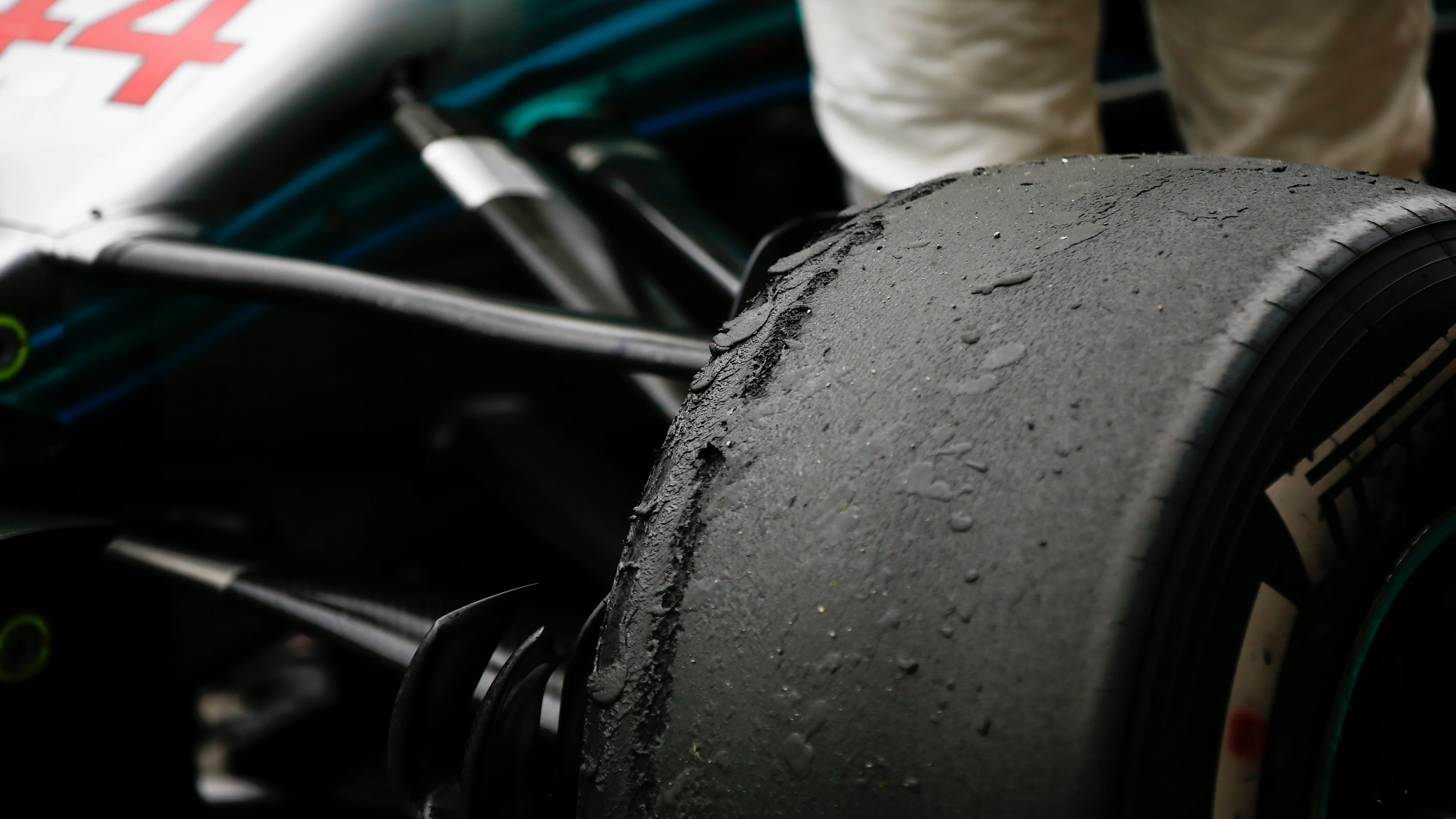 AUTà ³DROMO JOSà © CARLOS PACE, BRAZIL - NOVEMBER 11: The worn front tyre of Lewis Hamilton,