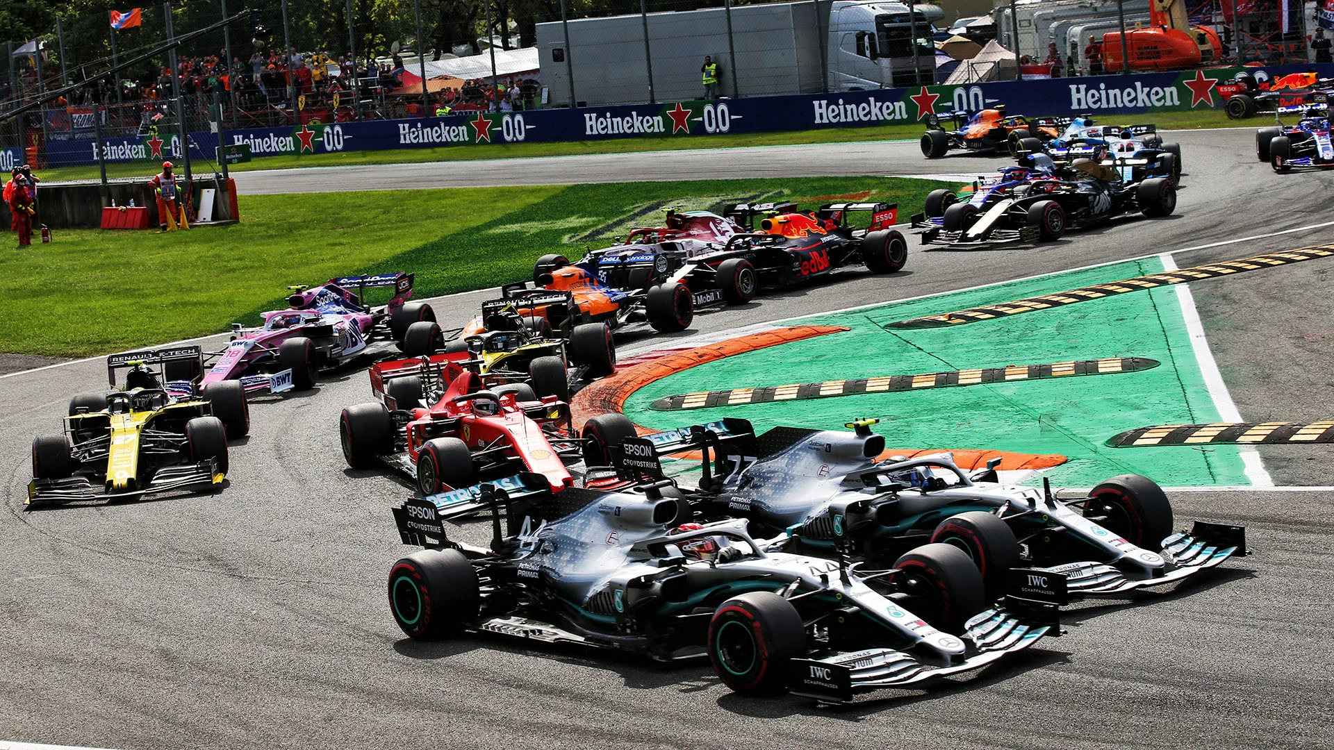 Lewis Hamilton (GBR) Mercedes AMG F1 W10 and Valtteri Bottas (FIN) Mercedes AMG F1 W10 at the start