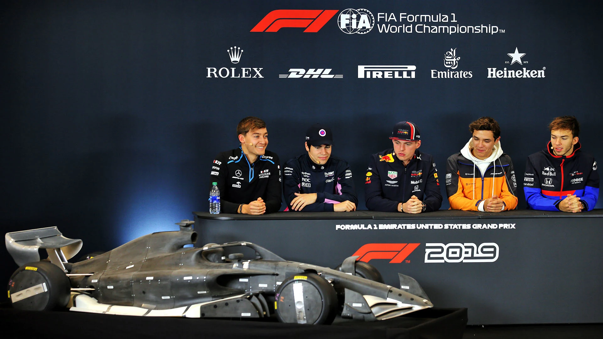 (L to R): George Russell (GBR) Williams Racing; Lance Stroll (CDN) Racing Point F1 Team; Max
