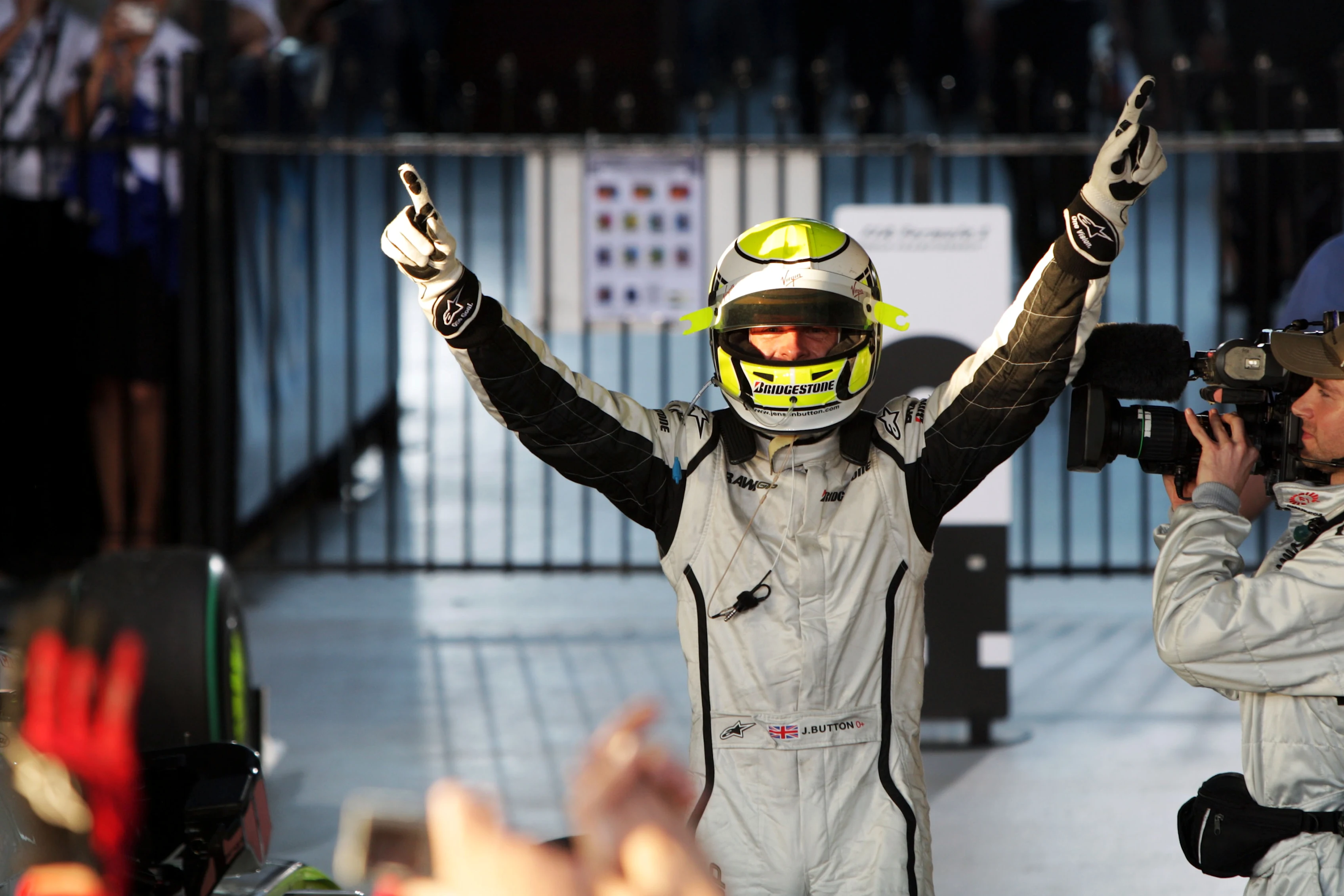 Race winner Jenson Button (GBR) Brawn Grand Prix celebrates in parc ferme. Formula One World