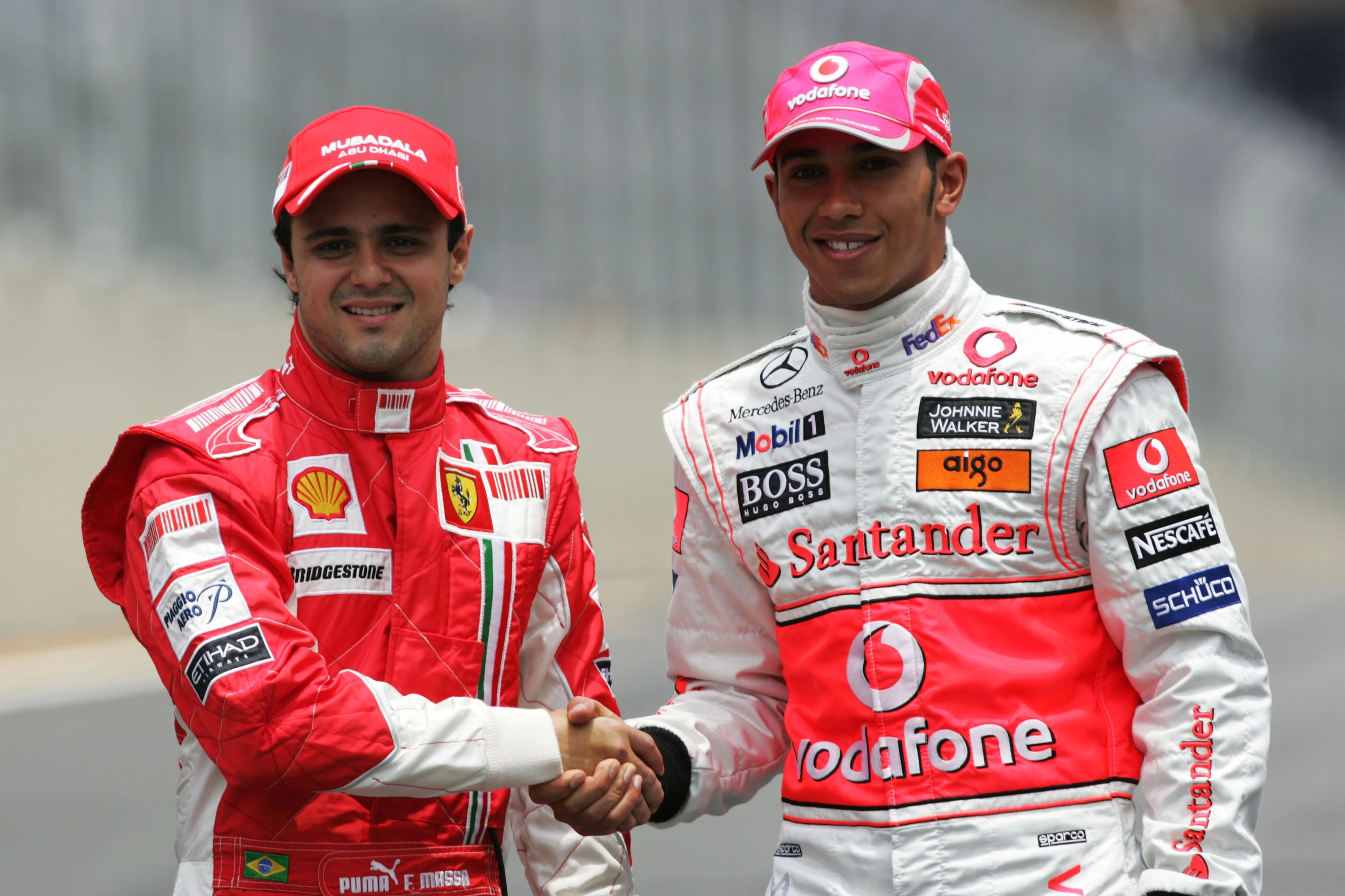 (L to R): Title rivals Felipe Massa (BRA) Ferrari and Lewis Hamilton (GBR) McLaren. Formula One