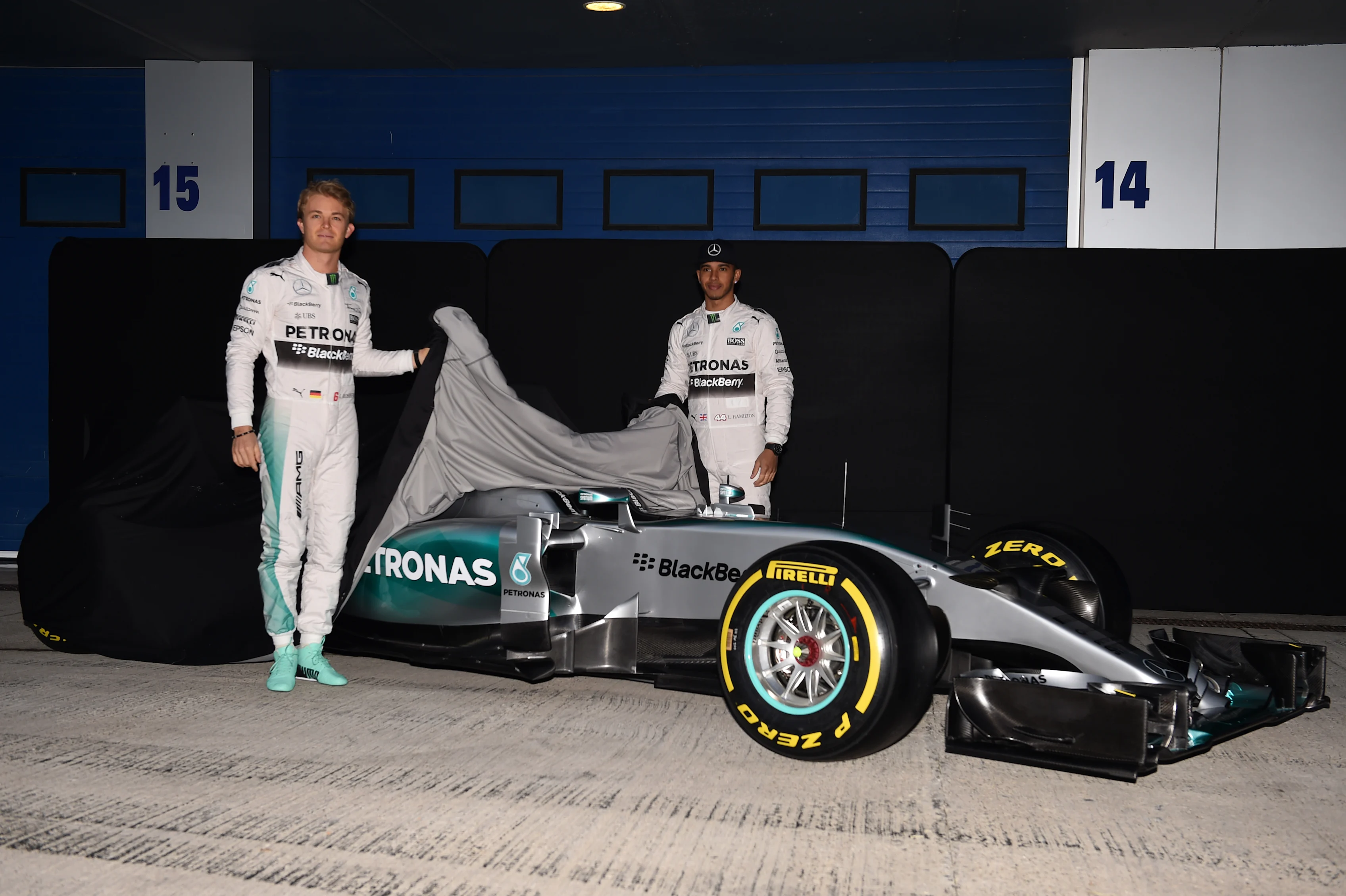 Nico Rosberg (GER) Mercedes AMG F1 and Lewis Hamilton (GBR) Mercedes AMG F1 unveil the Mercedes AMG