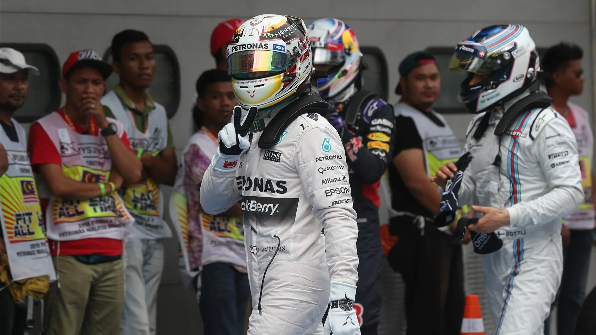 Pole sitter Lewis Hamilton (GBR) Mercedes AMG F1 celebrates in parc ferme at Formula One World Championship, Rd2, Malaysian Grand Prix, Qualifying, Sepang, Malaysia, Saturday 28  March 2015. © Sutton Motorsport Images