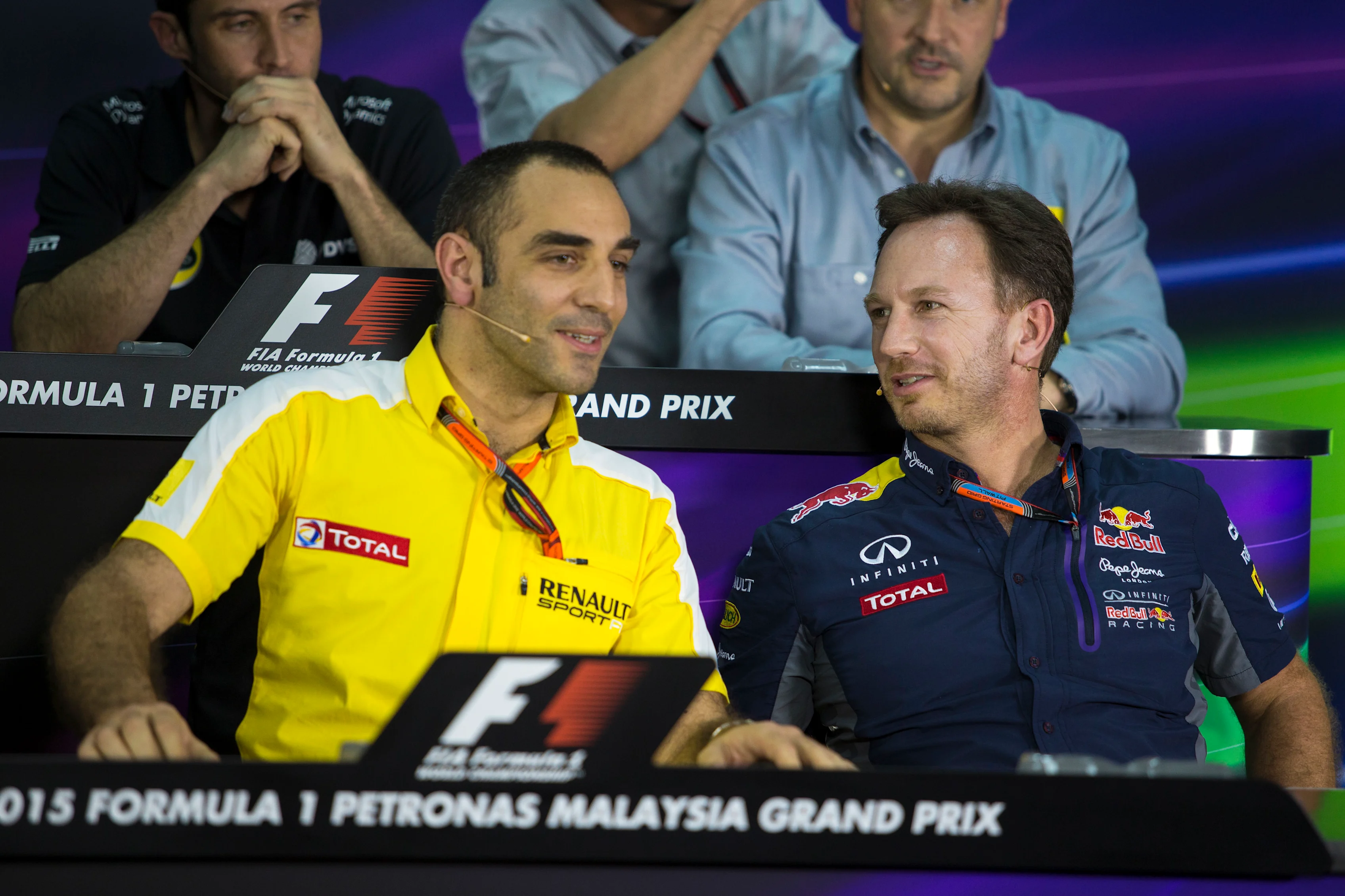 Cyril Abiteboul, Renault F1 Managing Director and Christian Horner (GBR) Red Bull Racing Team Principal at Formula One World Championship, Rd2, Malaysian Grand Prix, Practice, Sepang, Malaysia, Friday 27  March 2015. © Sutton Motorsport Images