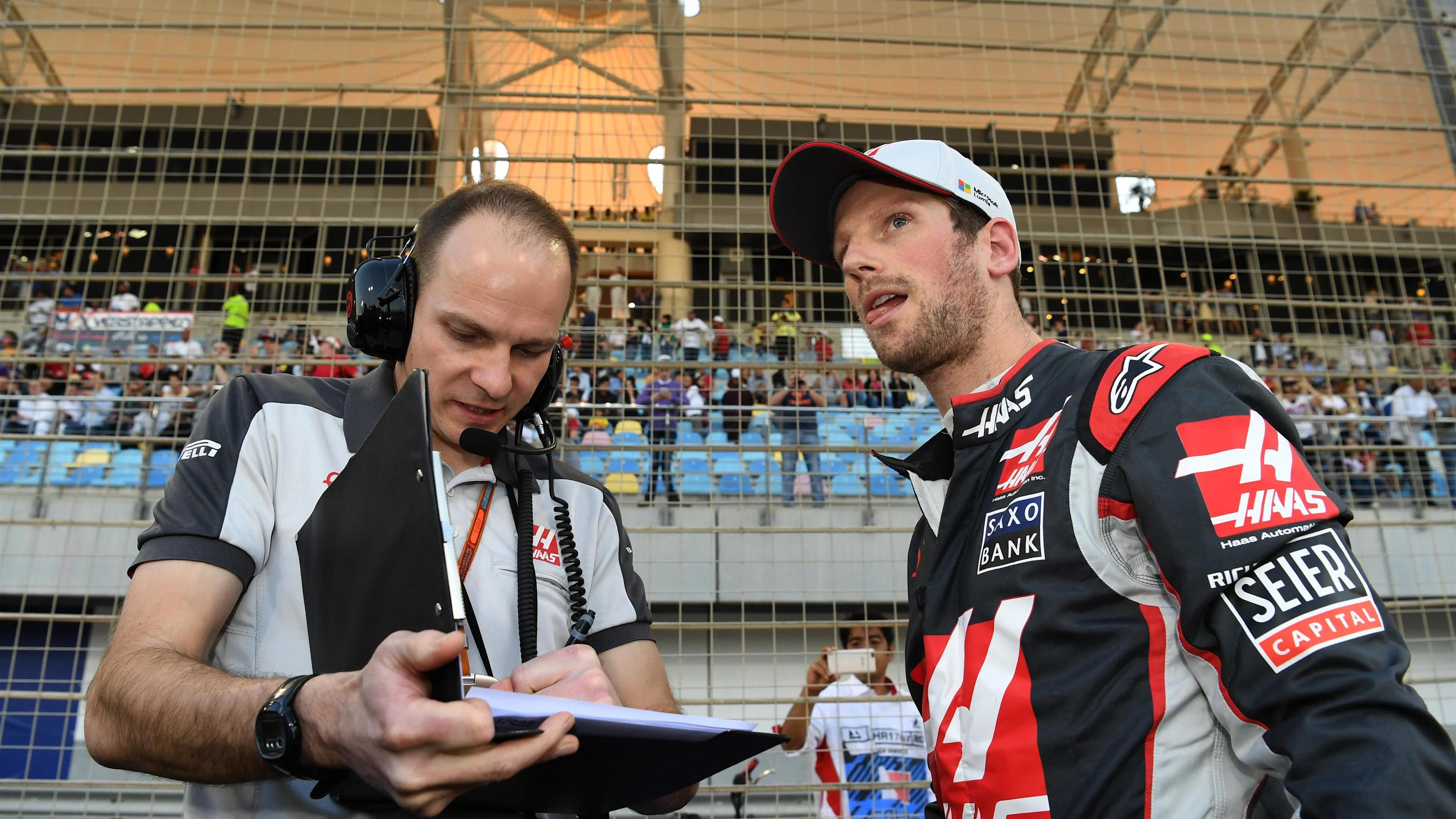 Romain Grosjean (FRA) Haas F1 on the grid at Formula One World Championship, Rd2, Bahrain Grand Prix Race, Bahrain International Circuit, Sakhir, Bahrain, Sunday 3 April 2016. © Sutton Motorsport Images