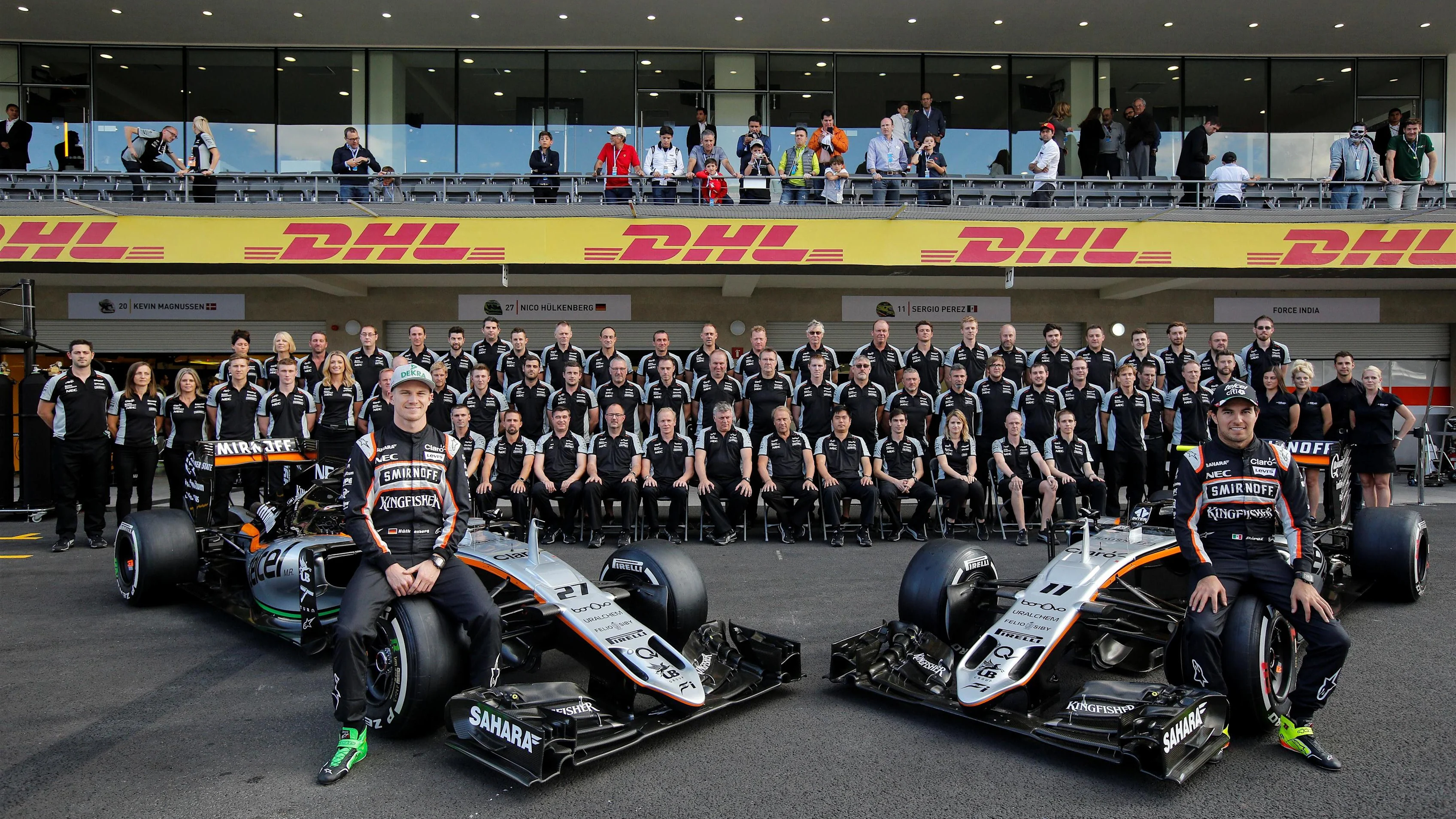 Nico Hulkenberg (GER) Force India F1 and Sergio Perez (MEX) Force India at the Force India team