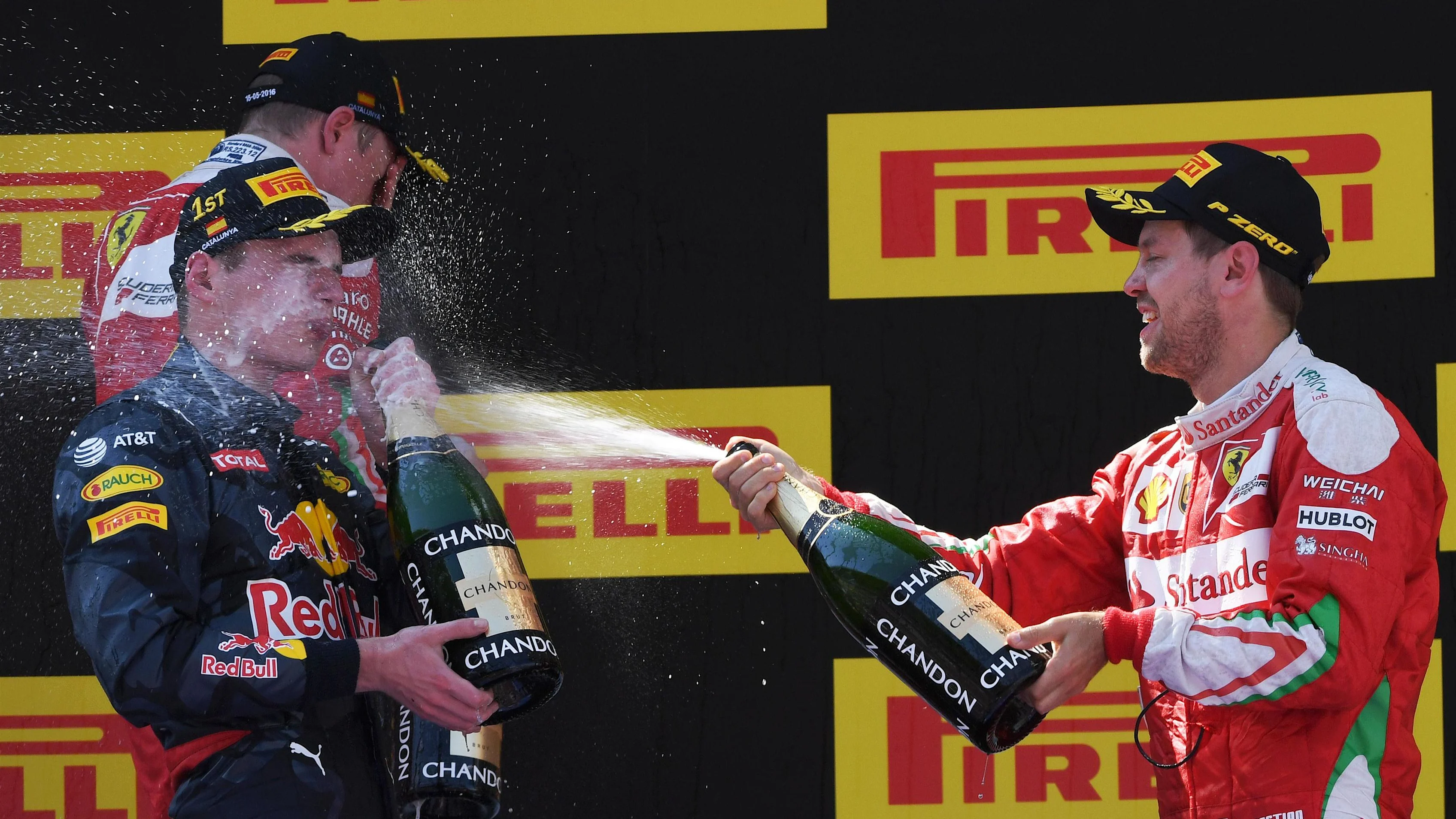 Kimi Raikkonen (FIN) Ferrari, race winner Max Verstappen (NED) Red Bull Racing and Sebastian Vettel