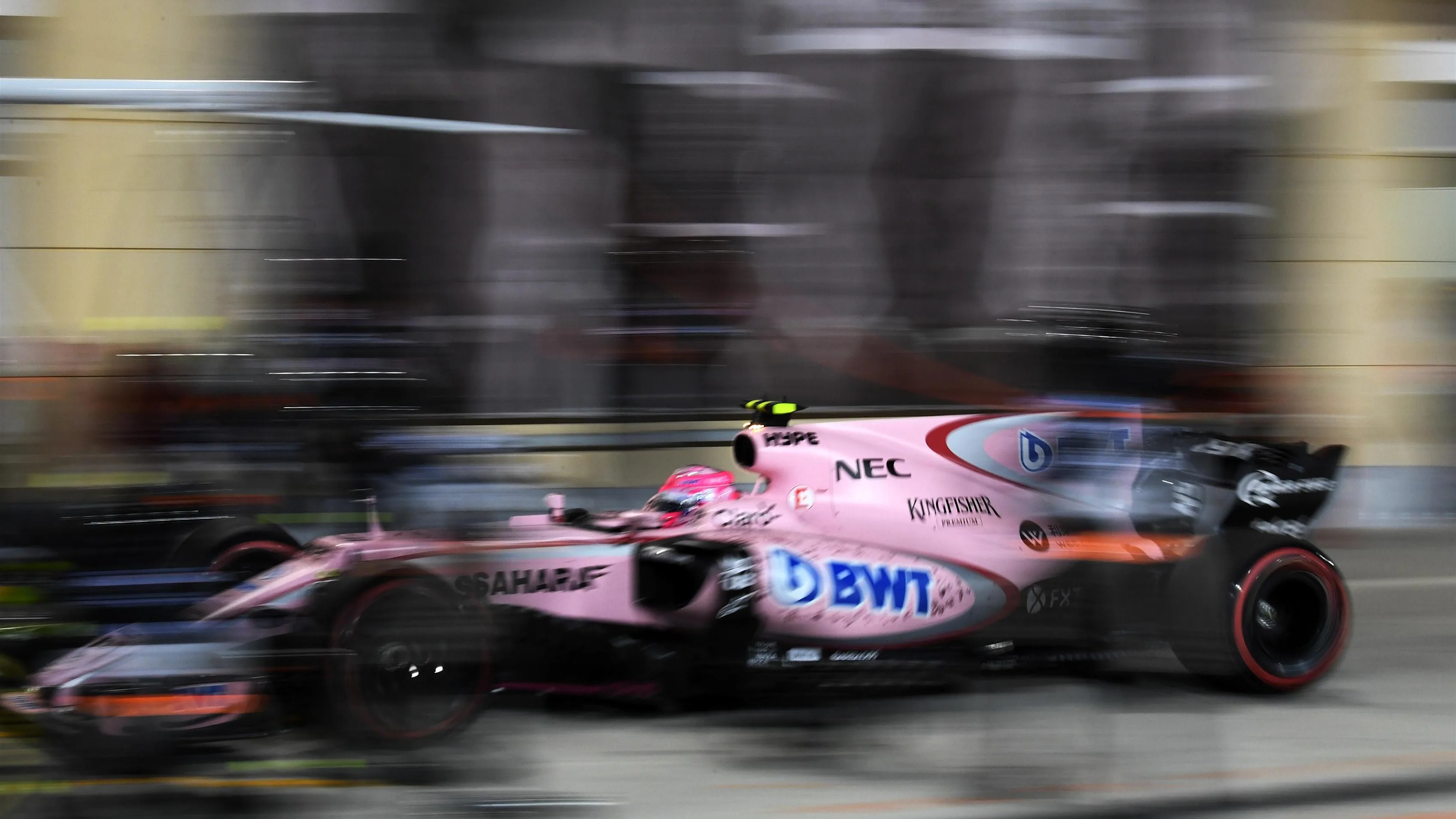 Esteban Ocon (FRA) Force India VJM10 pit stop at Formula One World Championship, Rd3, Bahrain Grand Prix Race, Bahrain International Circuit, Sakhir, Bahrain, Sunday 16 April 2017. © Sutton Motorsport Images