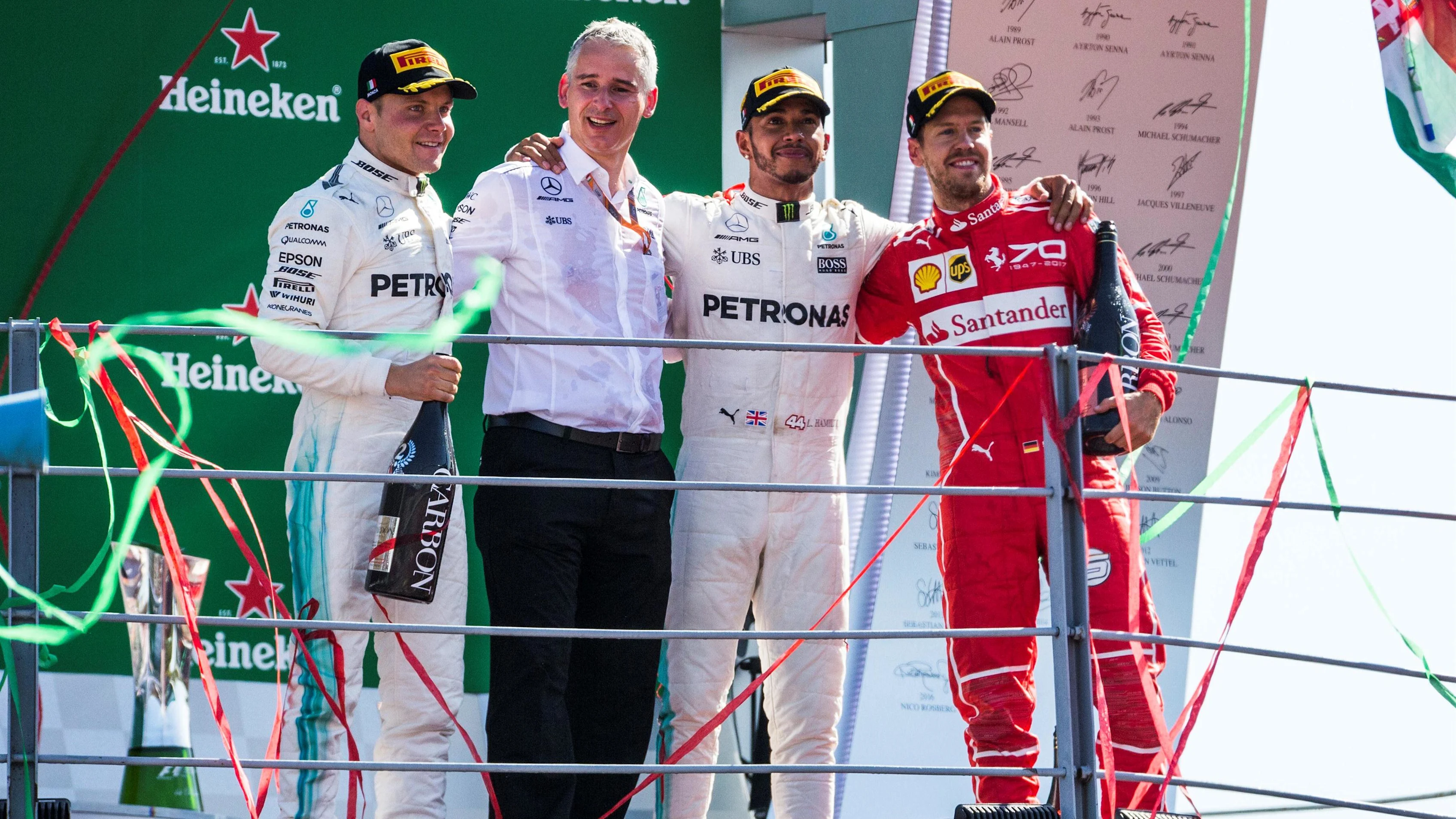 Valtteri Bottas (FIN) Mercedes AMG F1, race winner Lewis Hamilton (GBR) Mercedes AMG F1 and