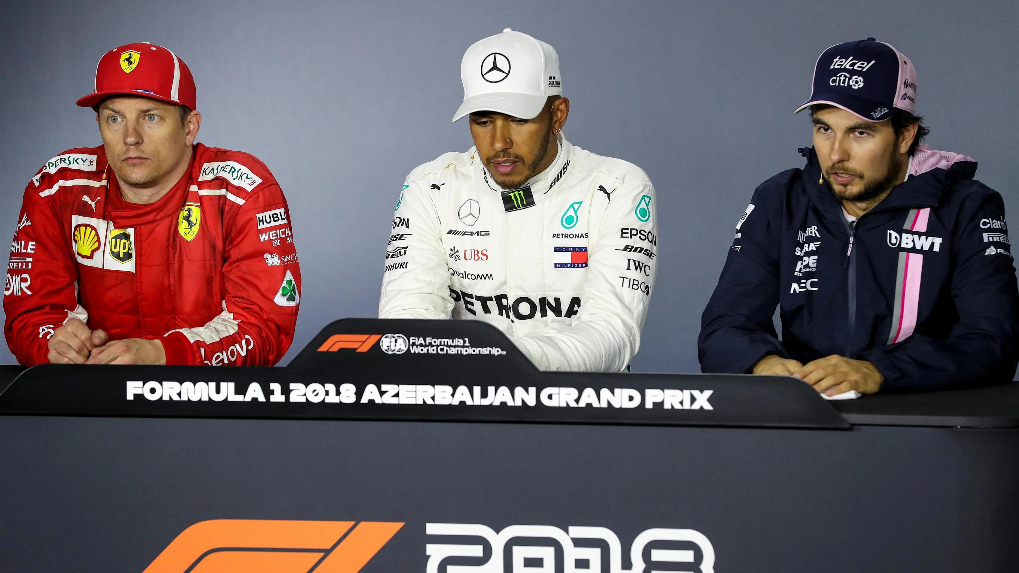 Kimi Raikkonen (FIN) Ferrari, Lewis Hamilton (GBR) Mercedes-AMG F1 and Sergio Perez (MEX) Force India at F1 World Championship, Rd4, Azerbaijan Grand Prix, Race, Baku City Circuit, Baku, Azerbaijan, Sunday 29 April 2018. © James Gasperotti/Sutton Images