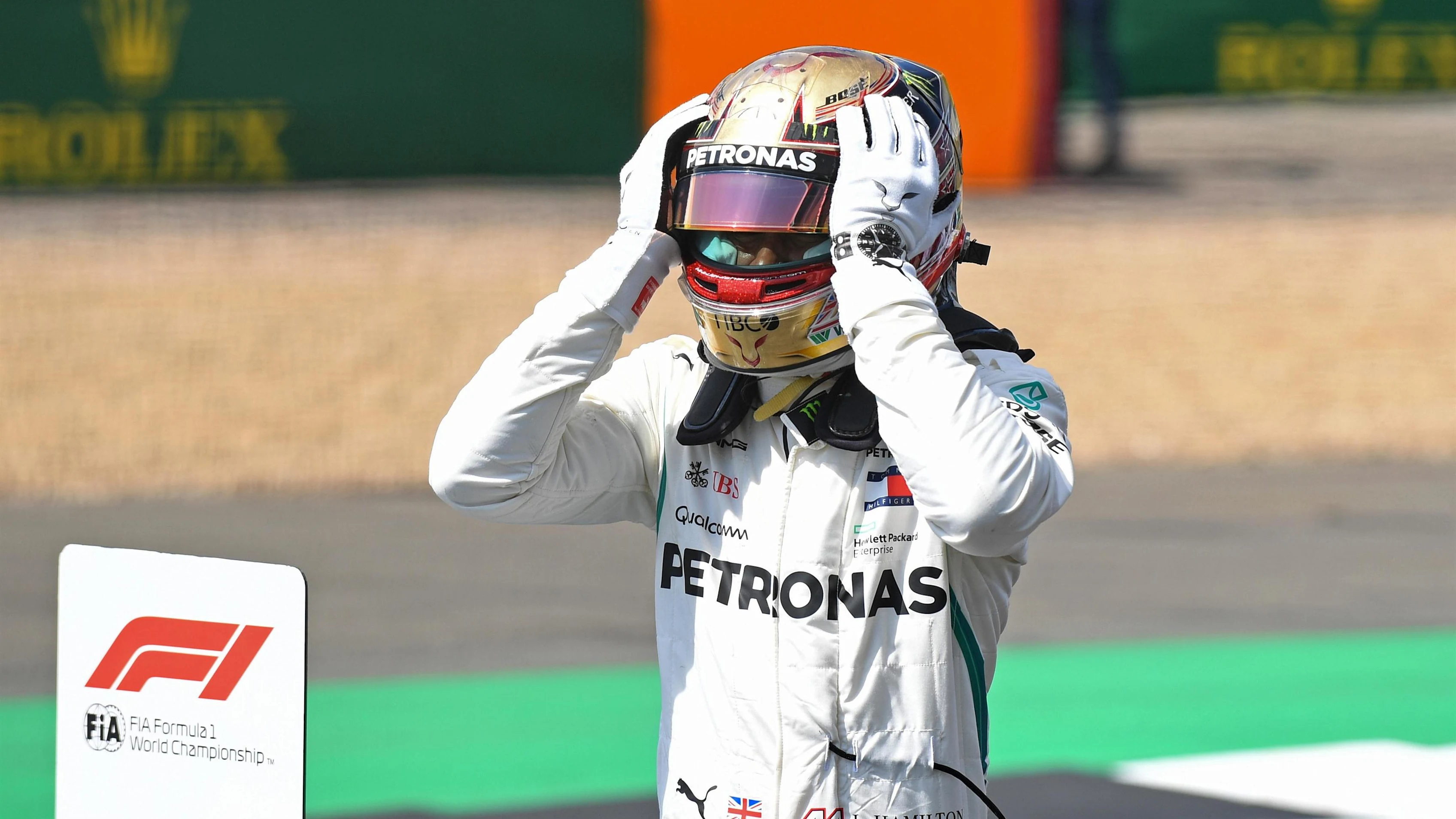 Pole sitter Lewis Hamilton (GBR) Mercedes-AMG F1 W09 EQ Power+ celebrates in parc ferme at Formula One World Championship, Rd10, British Grand Prix, Qualifying, Silverstone, England, Saturday 7 July 2018. © Simon Galloway/Sutton Images