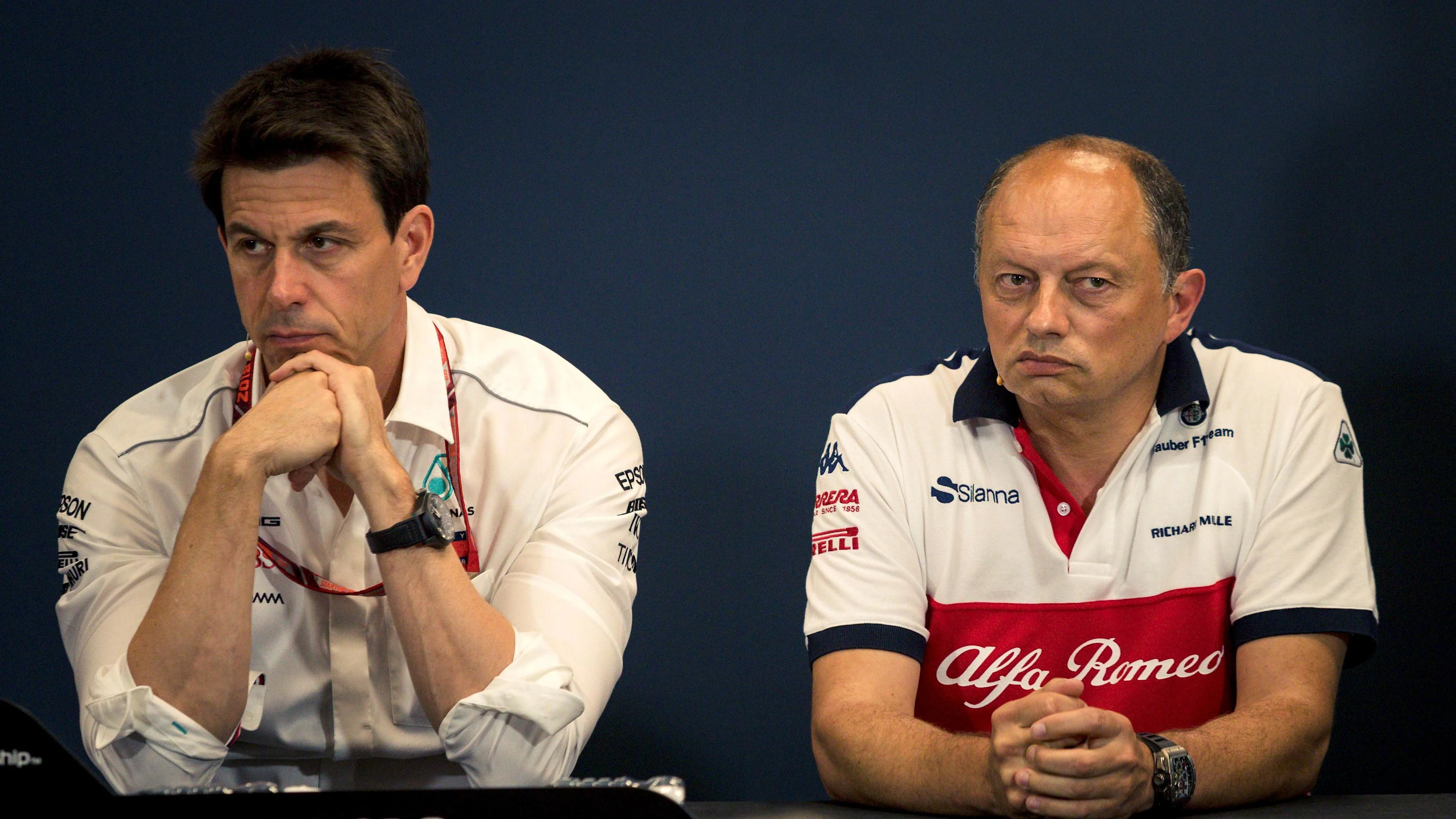 Toto Wolff (AUT) Mercedes AMG F1 Director of Motorsport and Frederic Vasseur (FRA) Alfa Romeo Sauber F1 Team, Team Principal in the Press Conference at Formula One World Championship, Rd6, Monaco Grand Prix, Practice, Monte-Carlo, Monaco, Thursday 24 May 2018. © Manuel Goria/Sutton Images