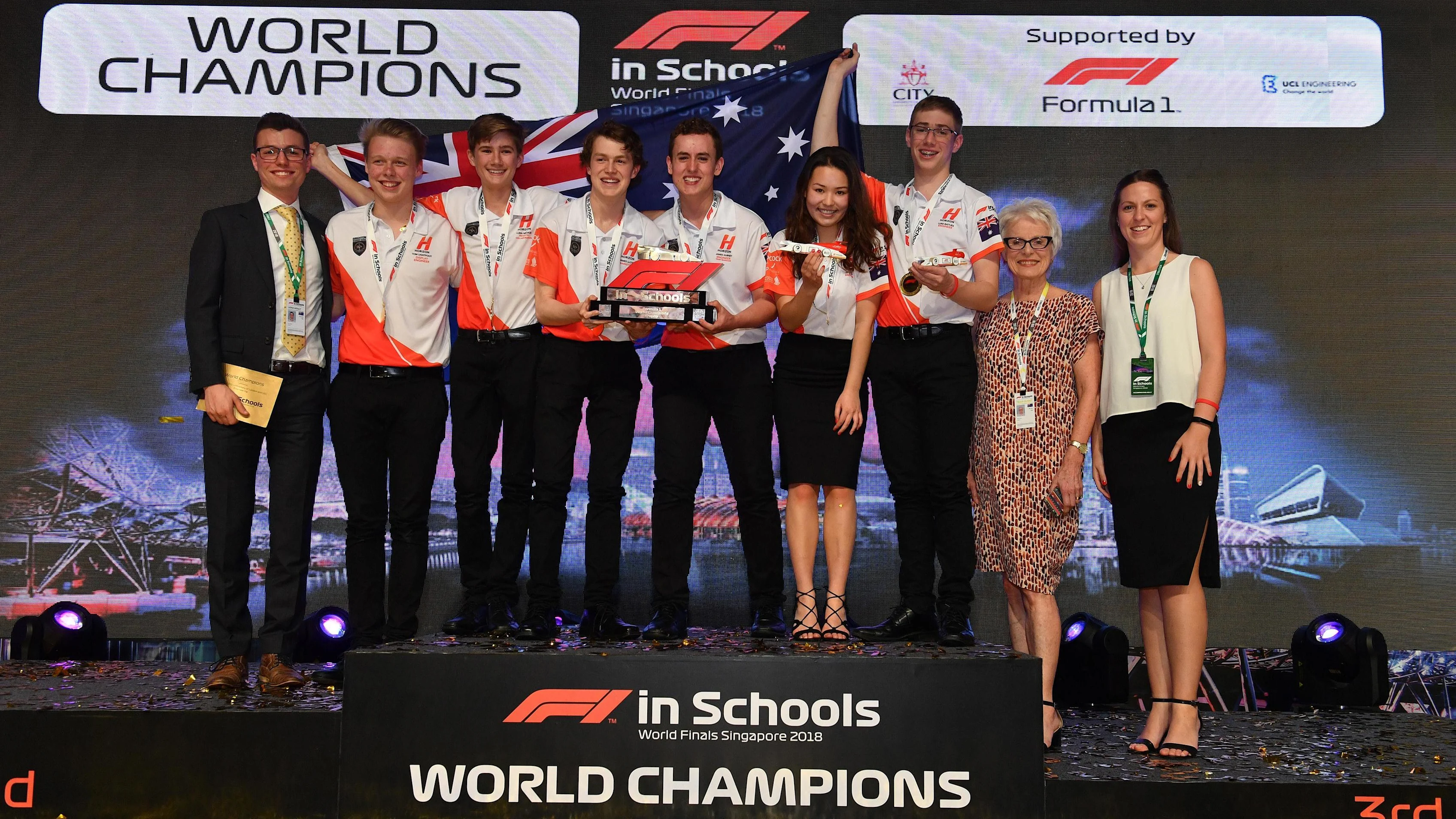 F1 in Schools World Champions Team Horizon celebrate at F1 in Schools World Finals, Resorts World